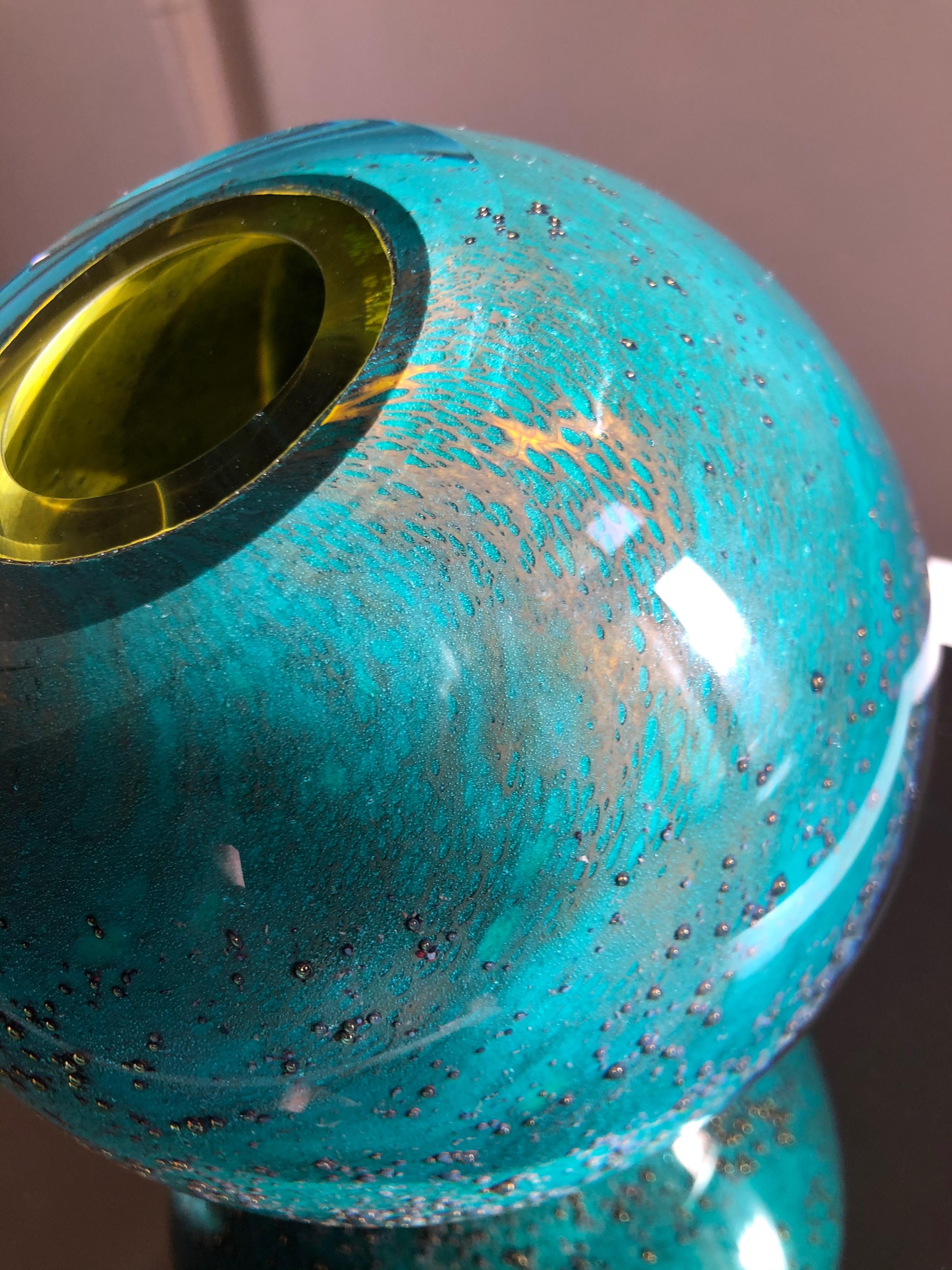 Hand-Crafted Emerald Green and Golden Mouth-Blown Glass Vase