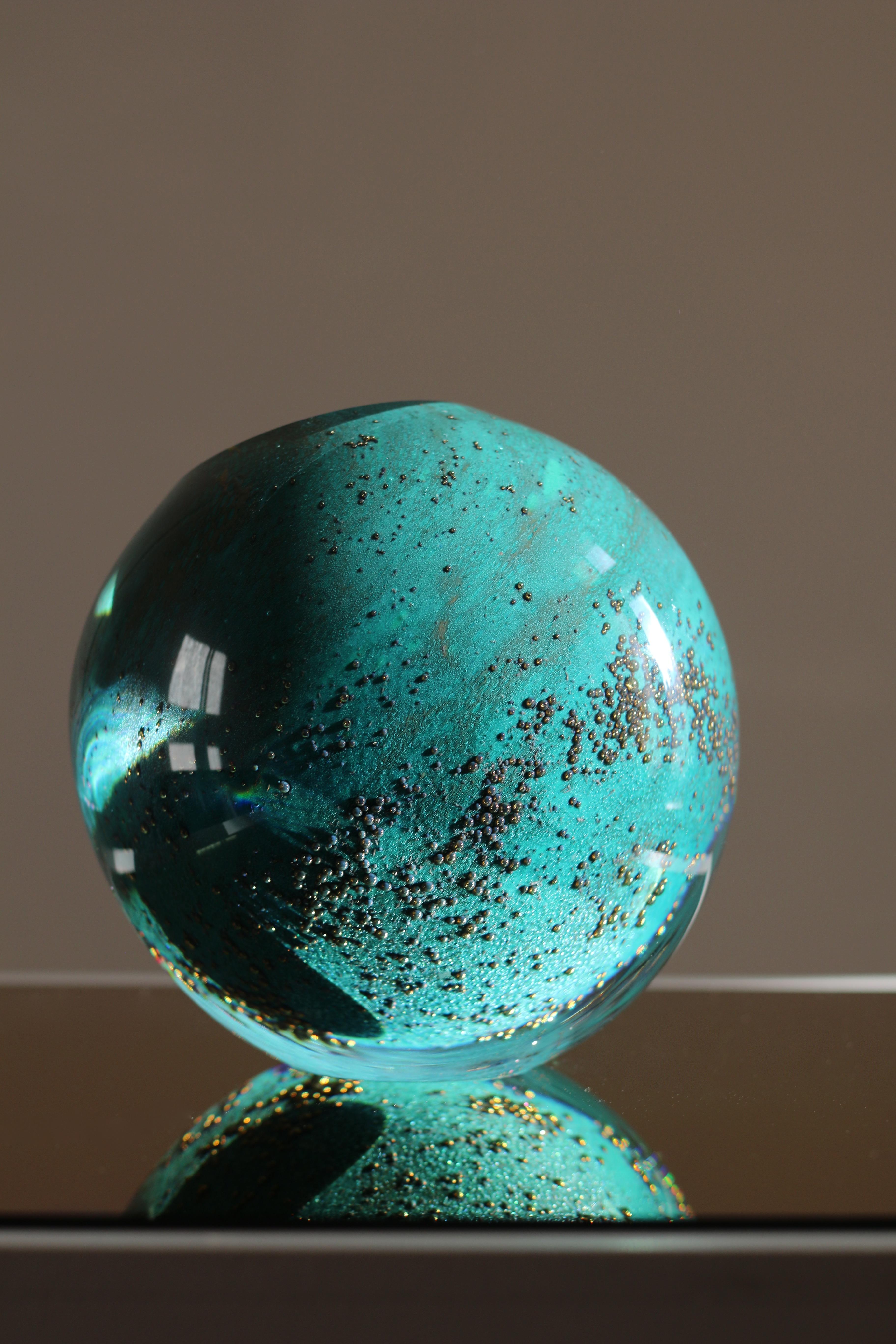 Contemporary Emerald Green and Golden Mouth-Blown Glass Vase
