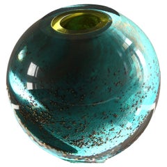 Emerald Green and Golden Mouth-Blown Glass Vase