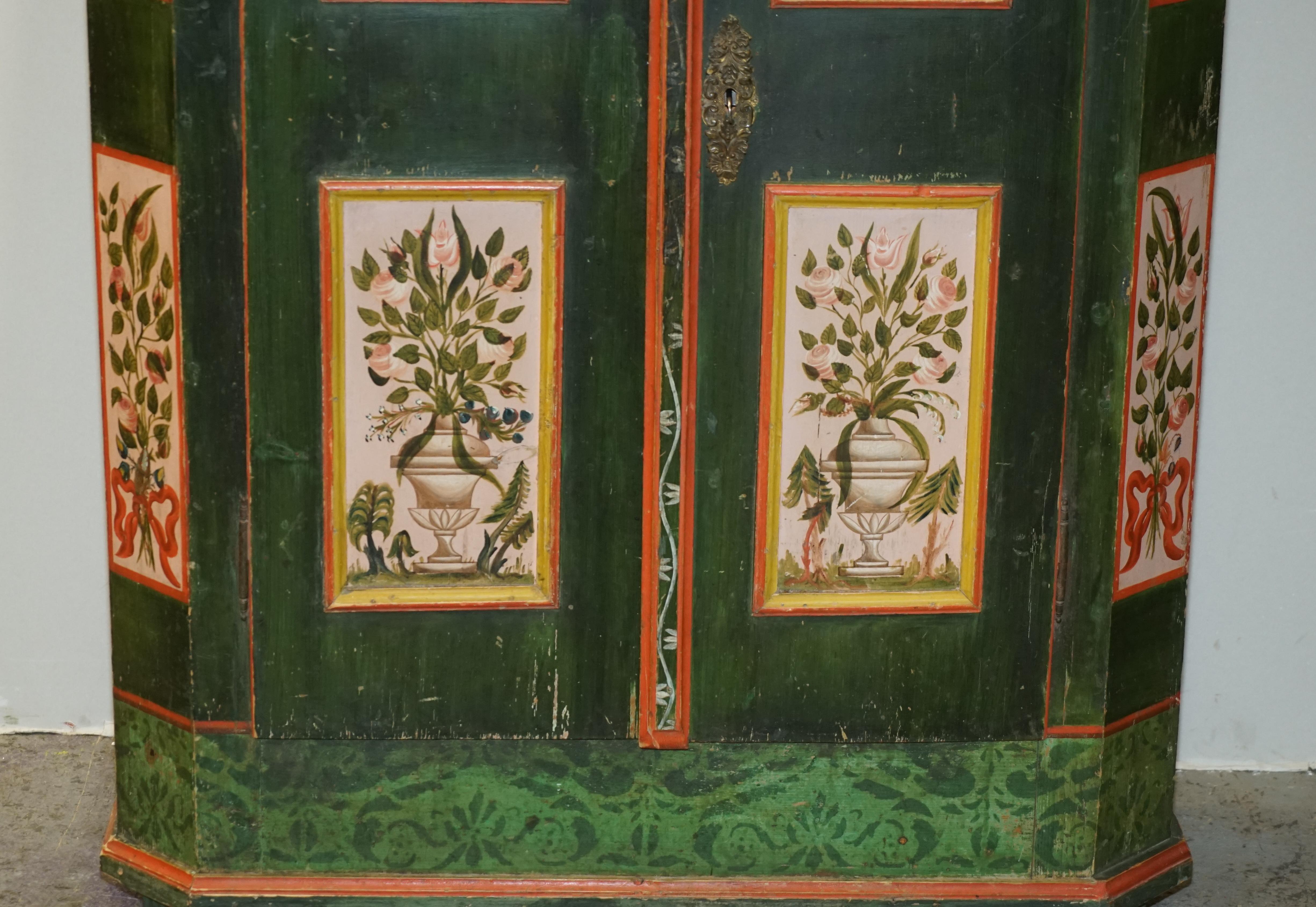 Regency Emerald Green Antique 1825 Hand Painted German Marriage Wardrobe Linen Cupboard