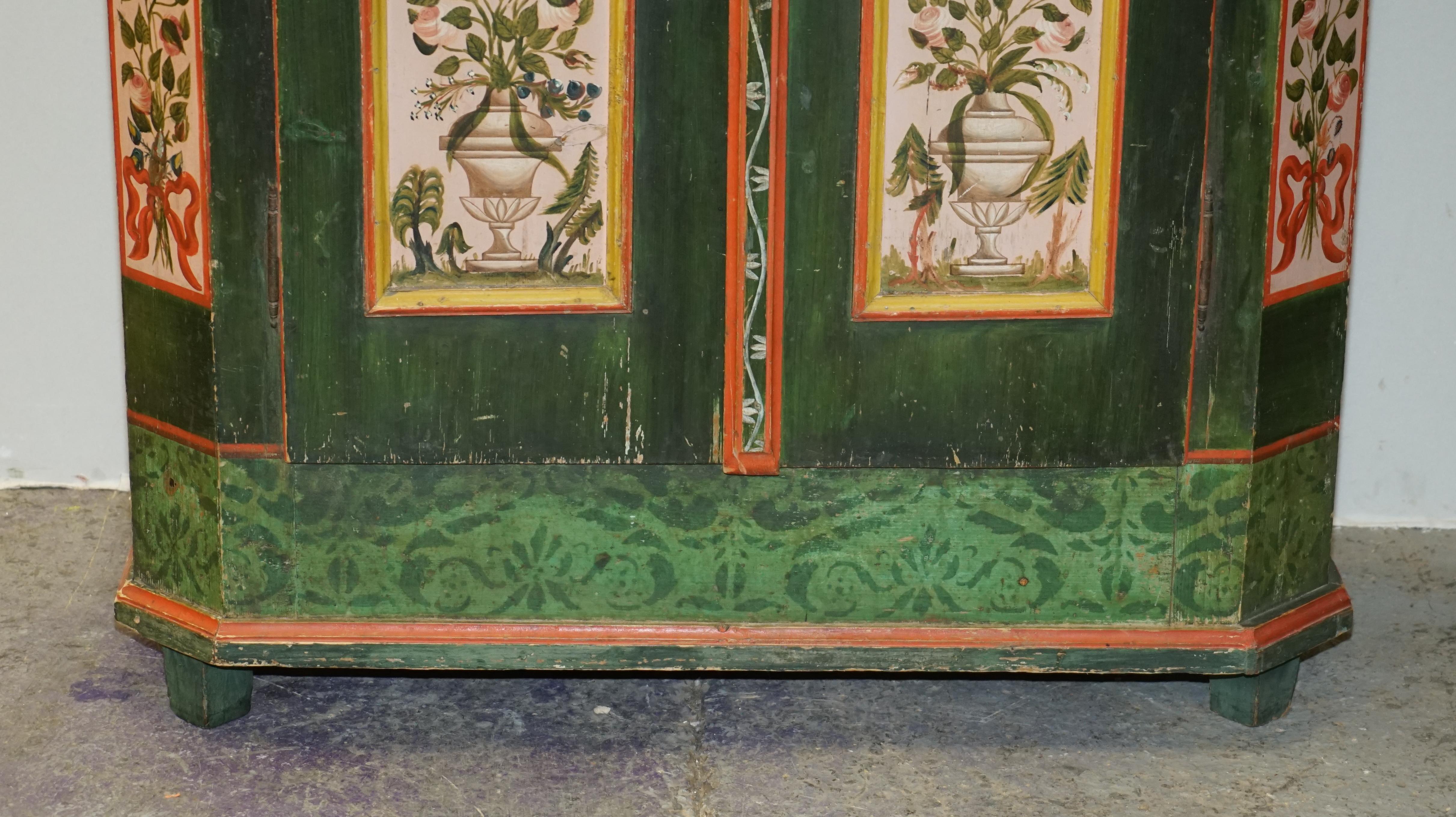 Hand-Painted Emerald Green Antique 1825 Hand Painted German Marriage Wardrobe Linen Cupboard