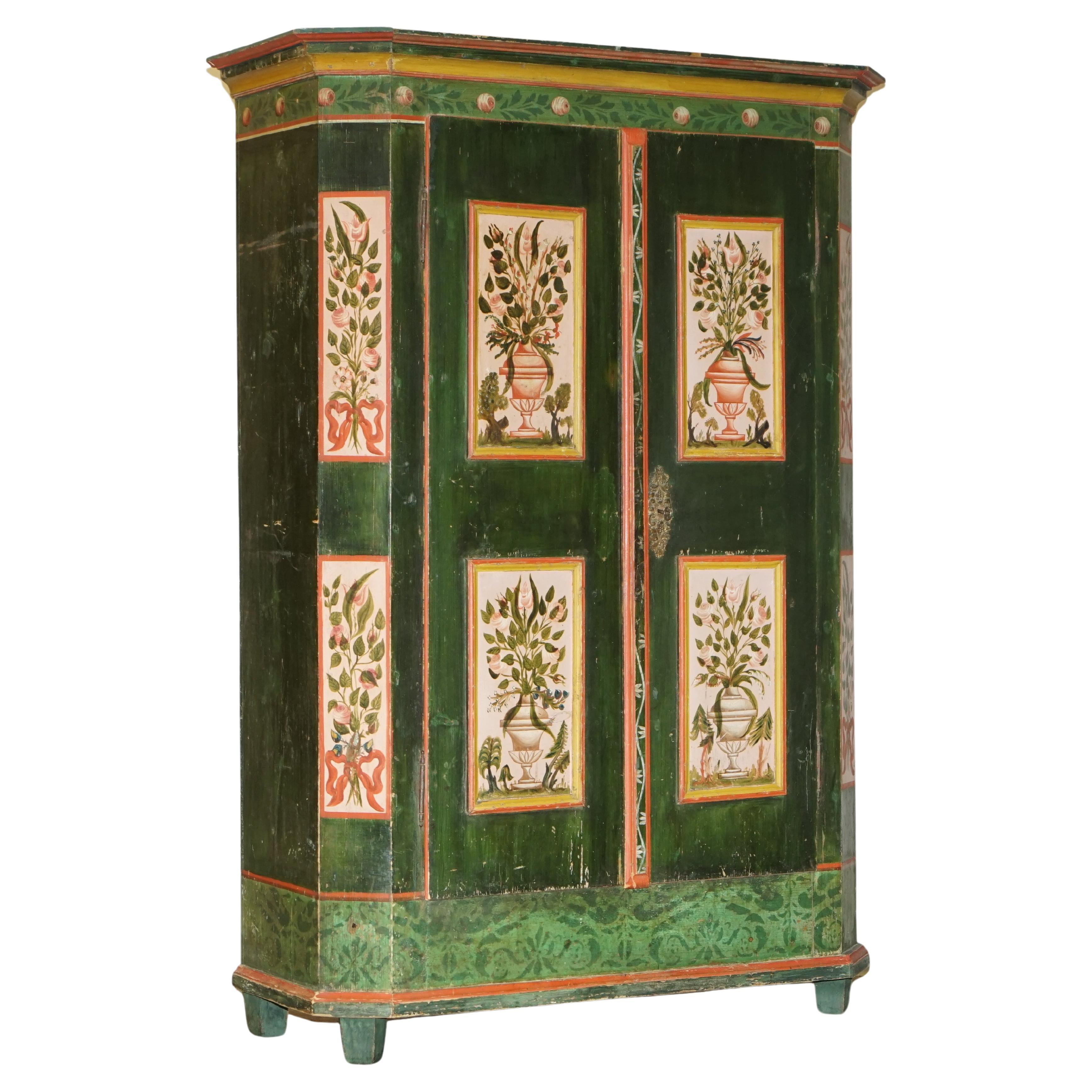 Emerald Green Antique 1825 Hand Painted German Marriage Wardrobe Linen Cupboard