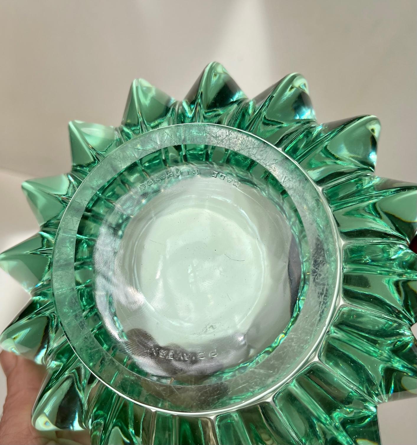 Molded Emerald Green Art Deco Glass Bowl by Pierre Gire for D’Avesn France For Sale