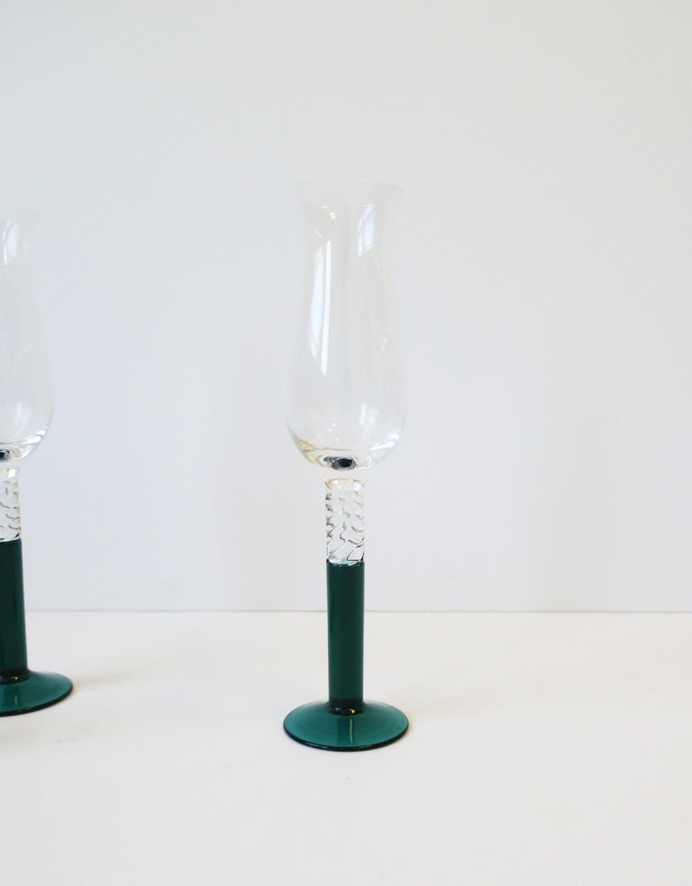 Champagne Flutes Glasses in Emerald Green Art Glass, circa 1990s, Set