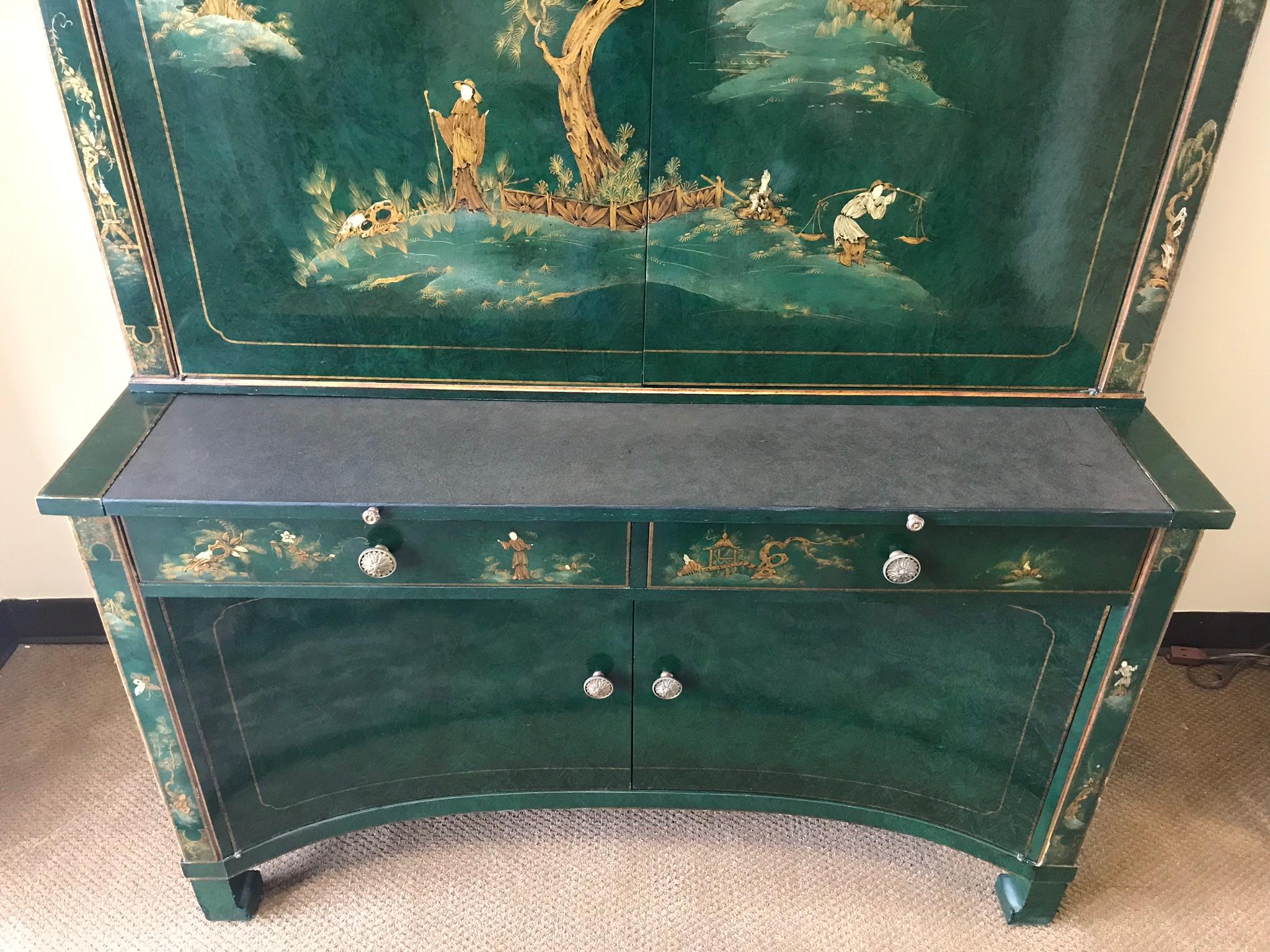 Emerald Green Lacquer Hand Painted Chinoiserie Secretary Desk China Cabinet 1