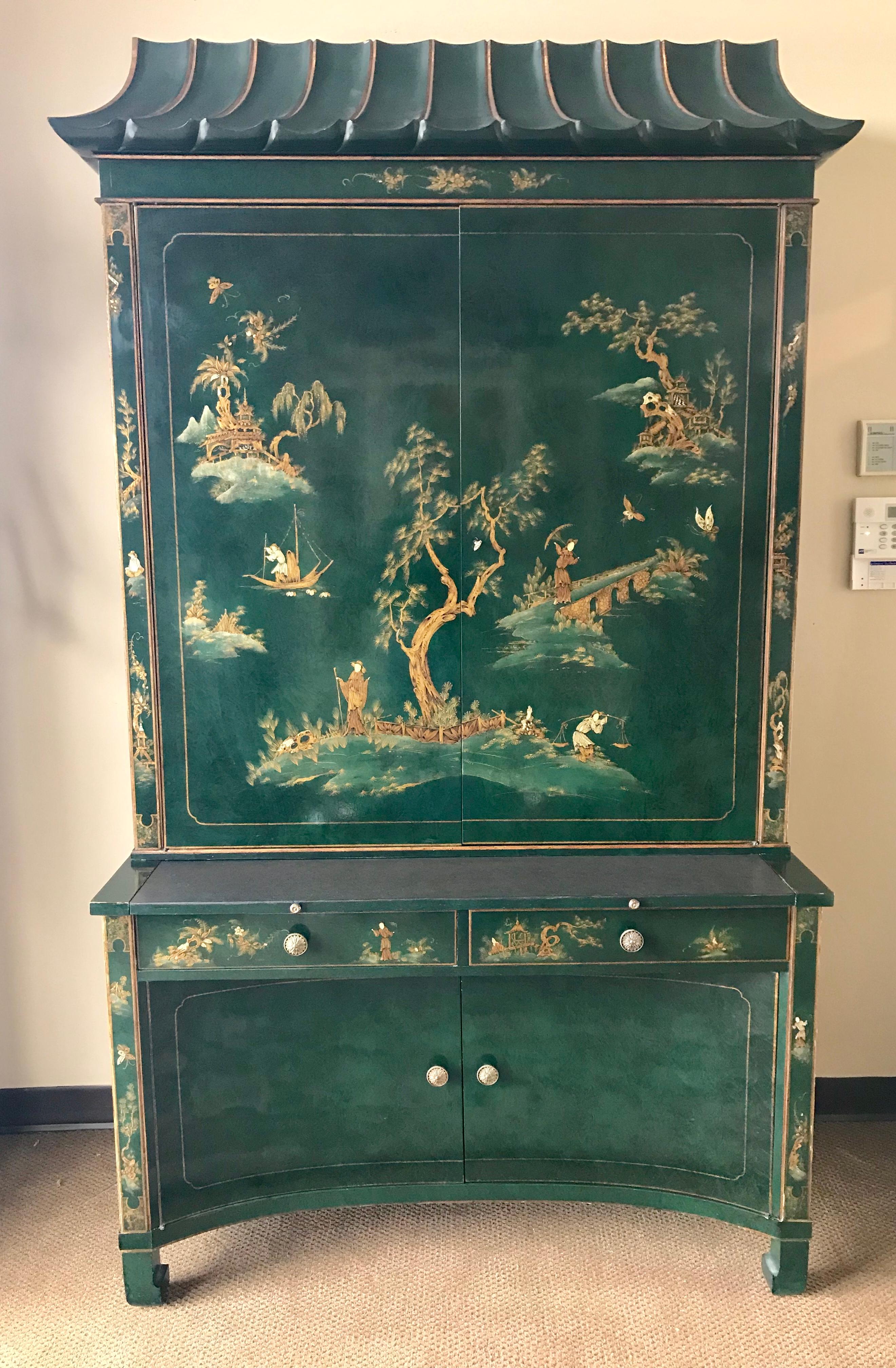 Chinese Emerald Green Lacquer Hand Painted Chinoiserie Secretary Desk China Cabinet