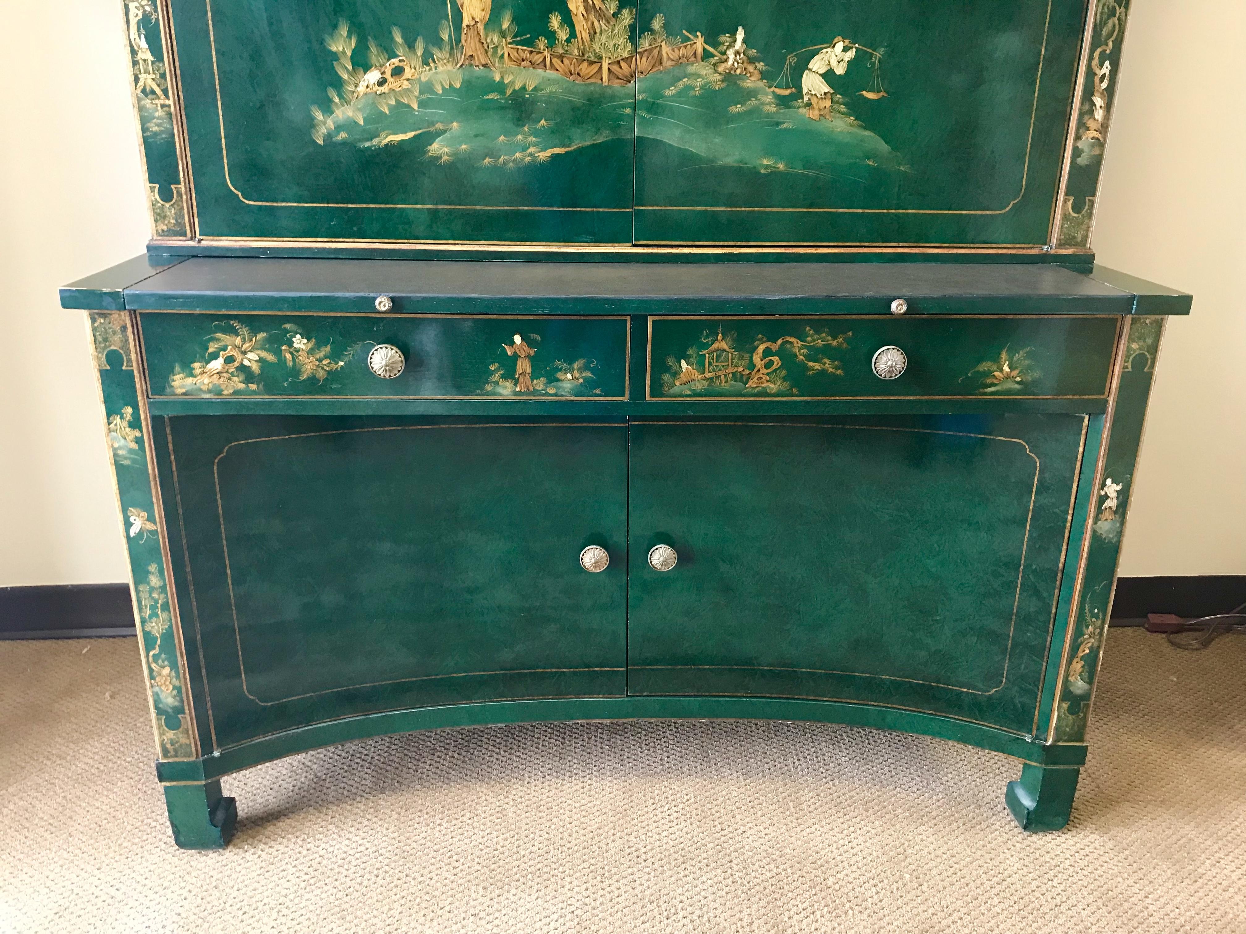 Lacquered Emerald Green Lacquer Hand Painted Chinoiserie Secretary Desk China Cabinet