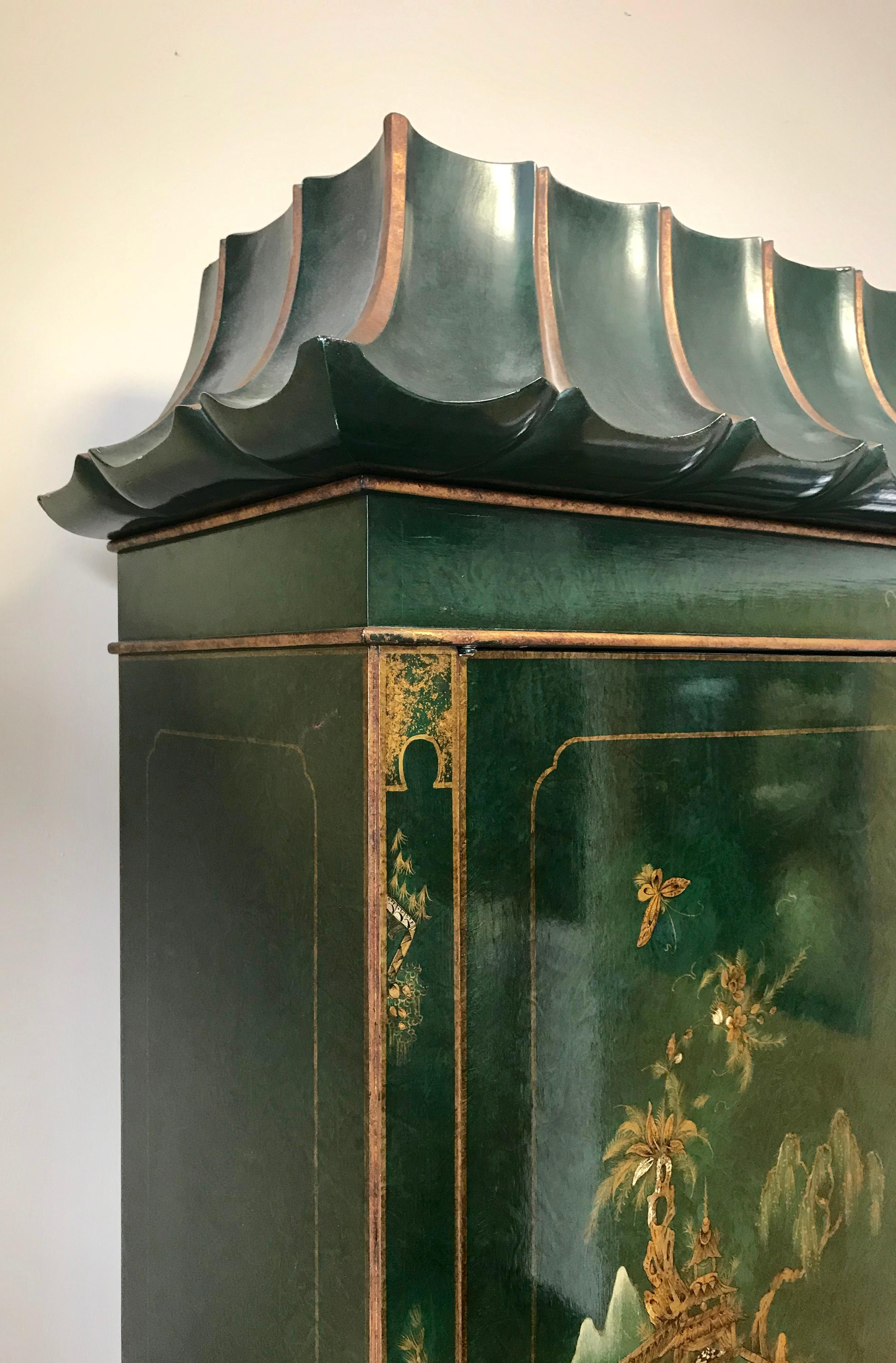 Emerald Green Lacquer Hand Painted Chinoiserie Secretary Desk China Cabinet In Good Condition In West Hartford, CT