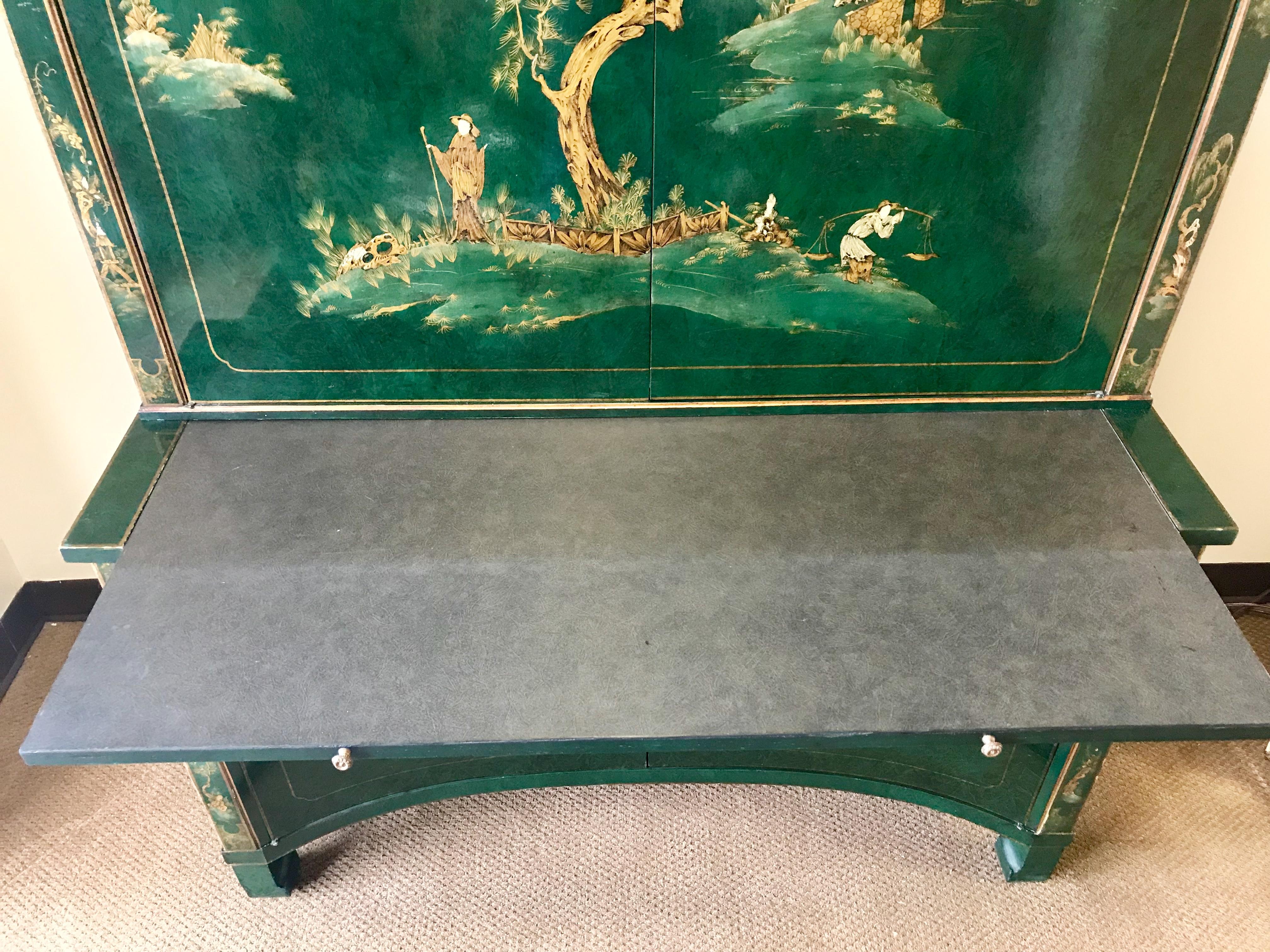 Mid-20th Century Emerald Green Lacquer Hand Painted Chinoiserie Secretary Desk China Cabinet
