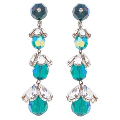 Emerald Green Aurora Borealis and Teardrop Crystal Drop Earrings By Vogue, 1960s