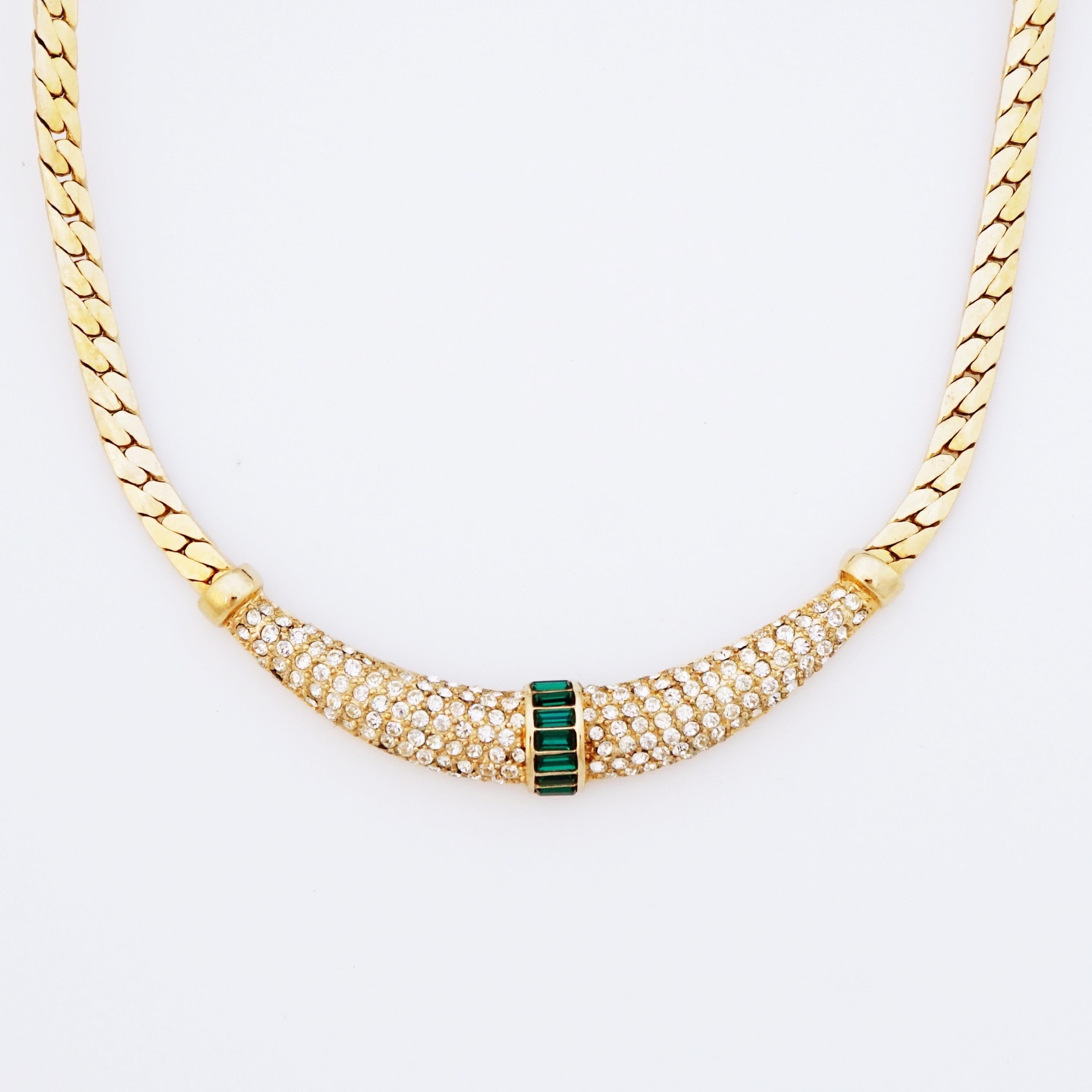 Emerald Green Baguette and Crystal Pavé Choker Necklace By Christian Dior, 1970s In Good Condition In McKinney, TX