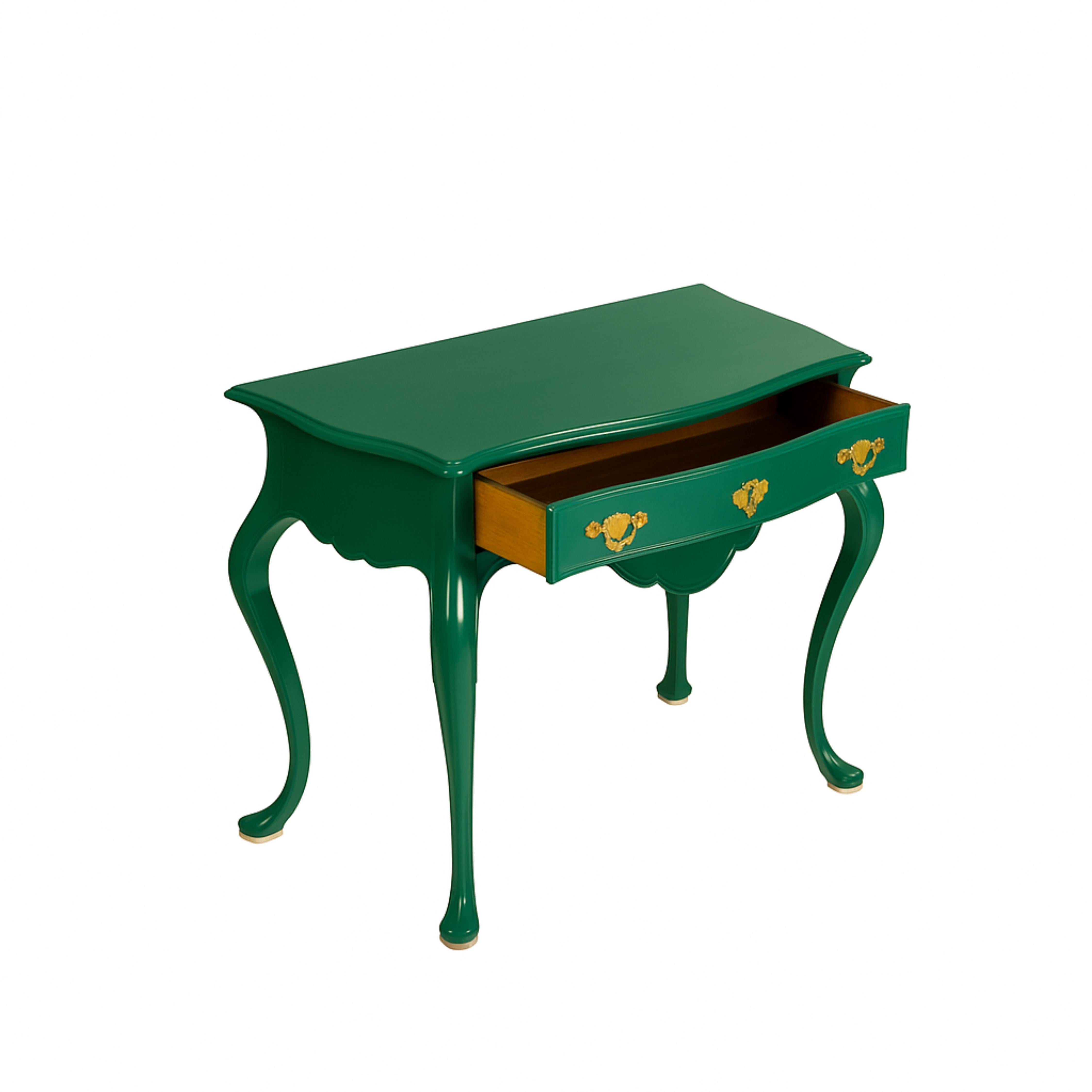 Elevate your space with this high-end portuguese Baroque-style wood table commode, now reimagined in sleek emerald green refinished in  color reference color reference by expert artisans. Featuring a single drawer with a cut-out top that follows the