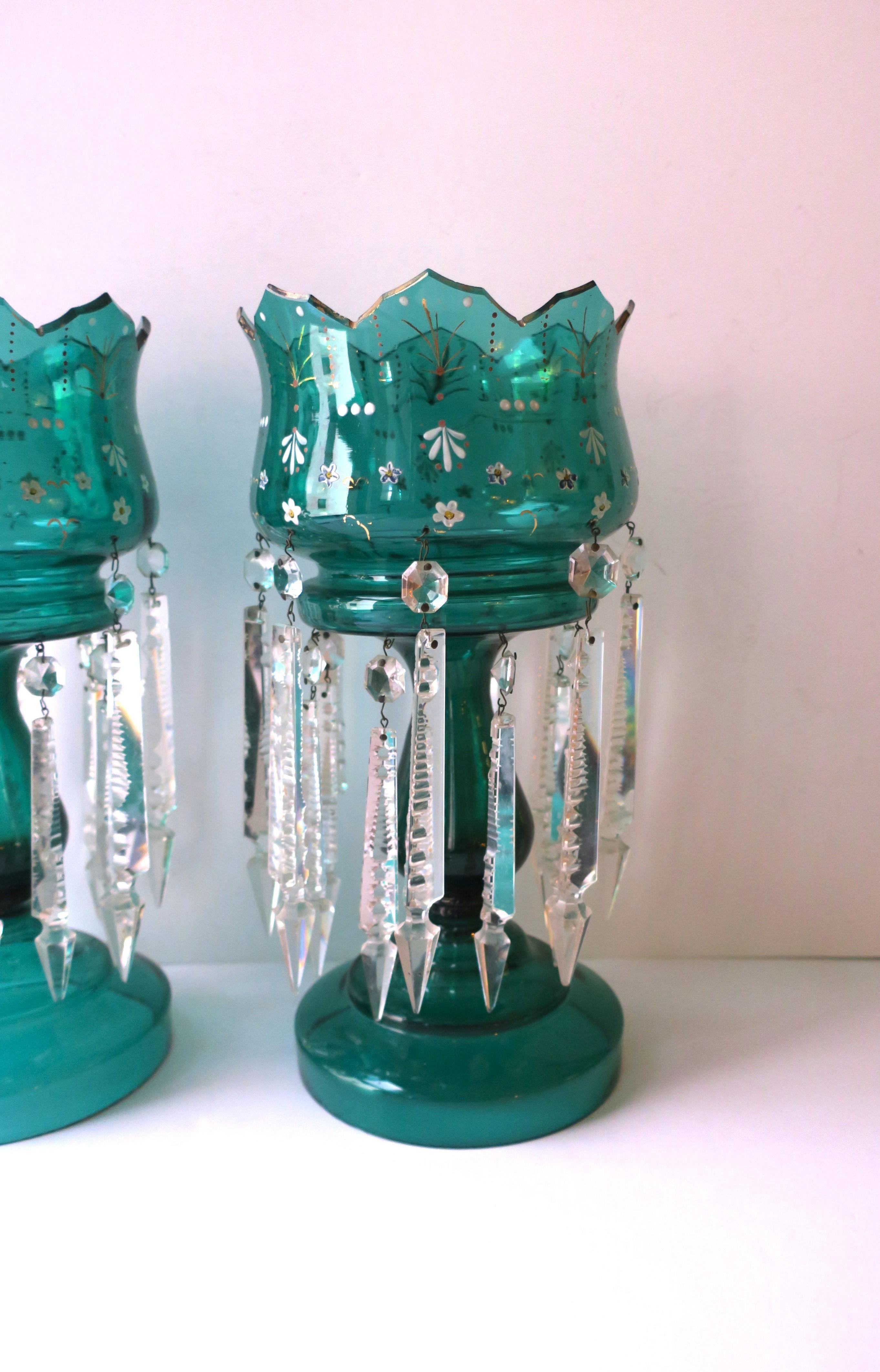 Emerald Green Bohemian Glass and Crystal Lusters Pair, circa 19th c For Sale 7