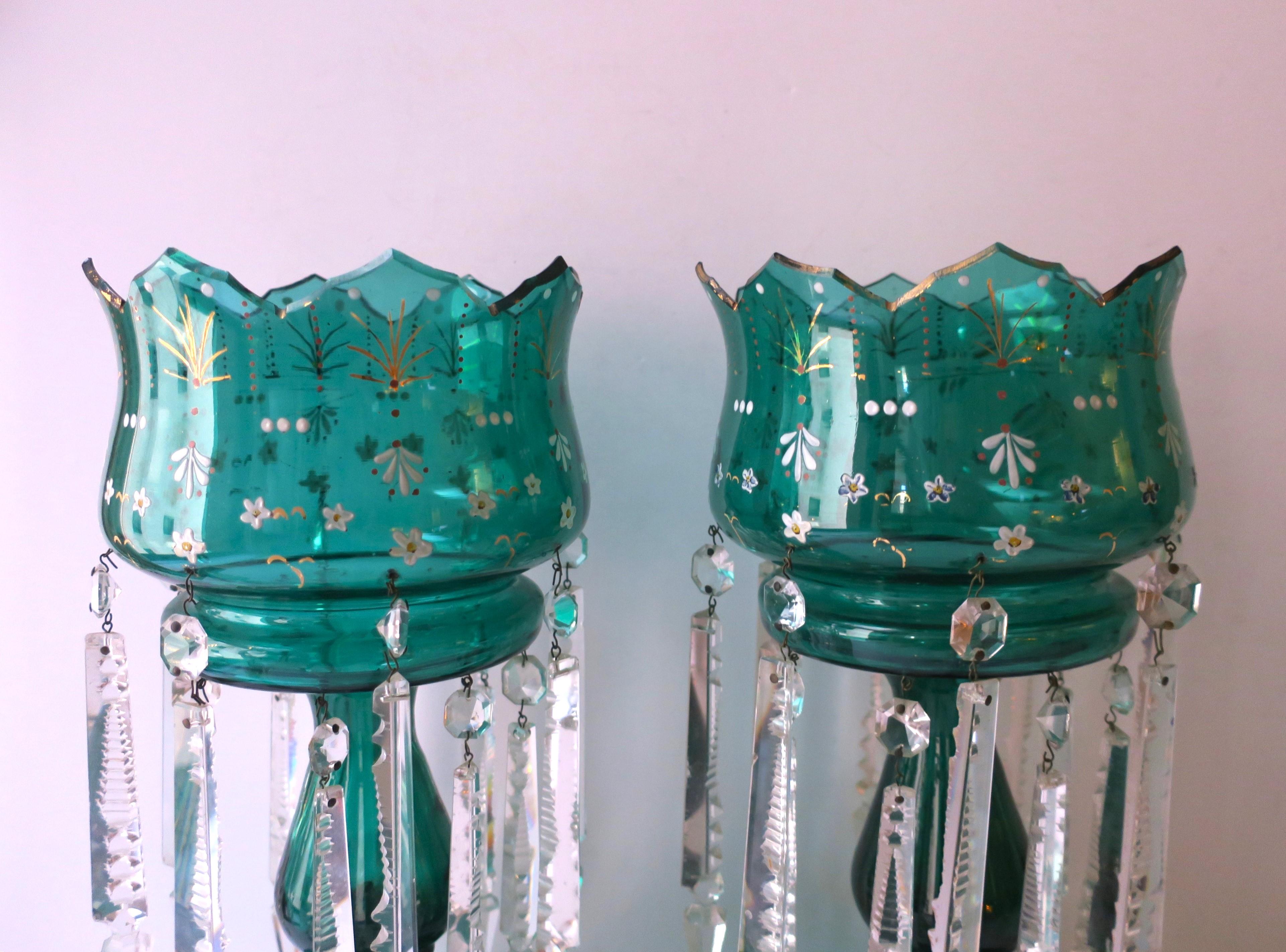 Emerald Green Bohemian Glass and Crystal Lusters Pair, circa 19th c For Sale 8