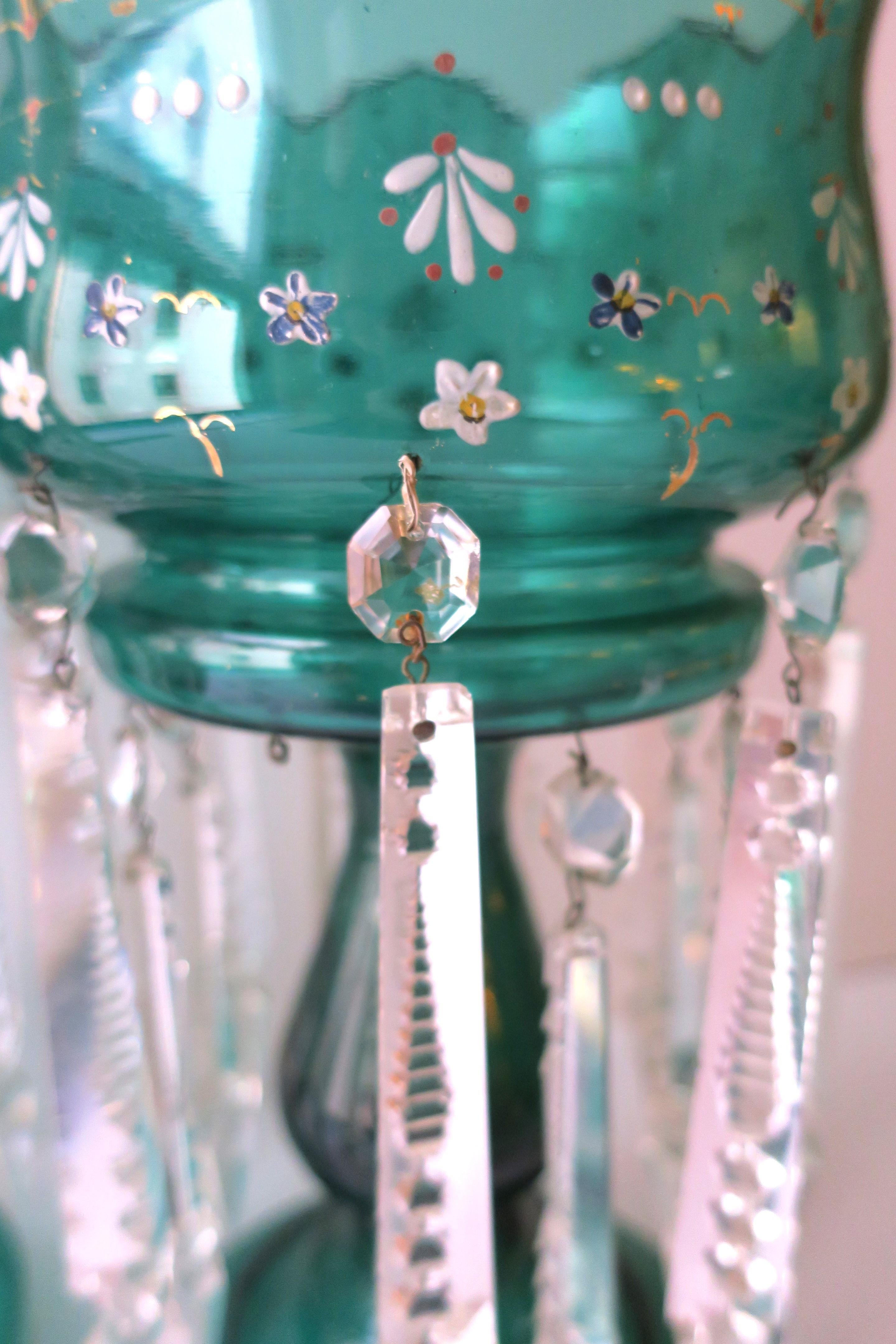 Emerald Green Bohemian Glass and Crystal Lusters Pair, circa 19th c For Sale 9