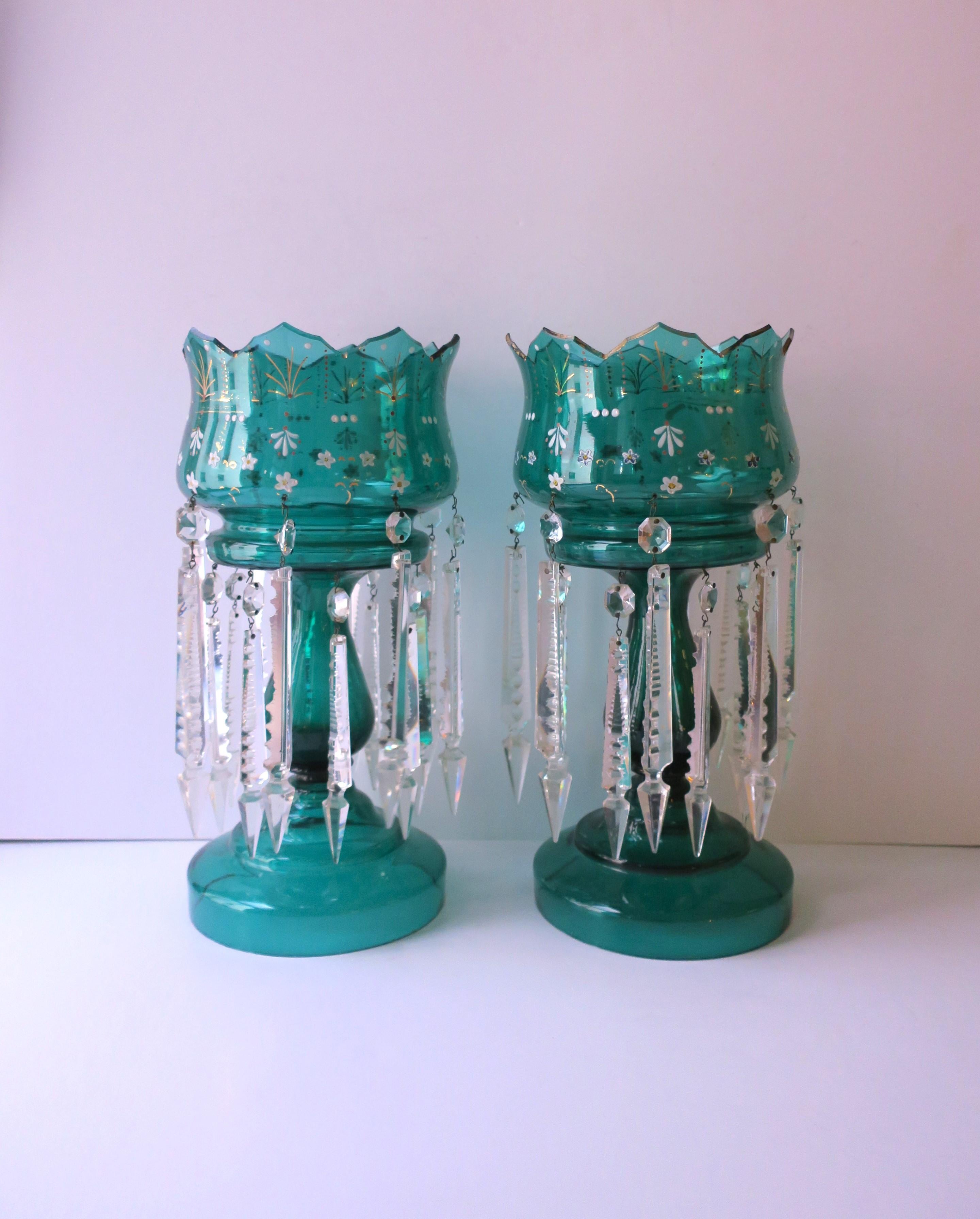 Czech Emerald Green Bohemian Glass and Crystal Lusters Pair, circa 19th c For Sale