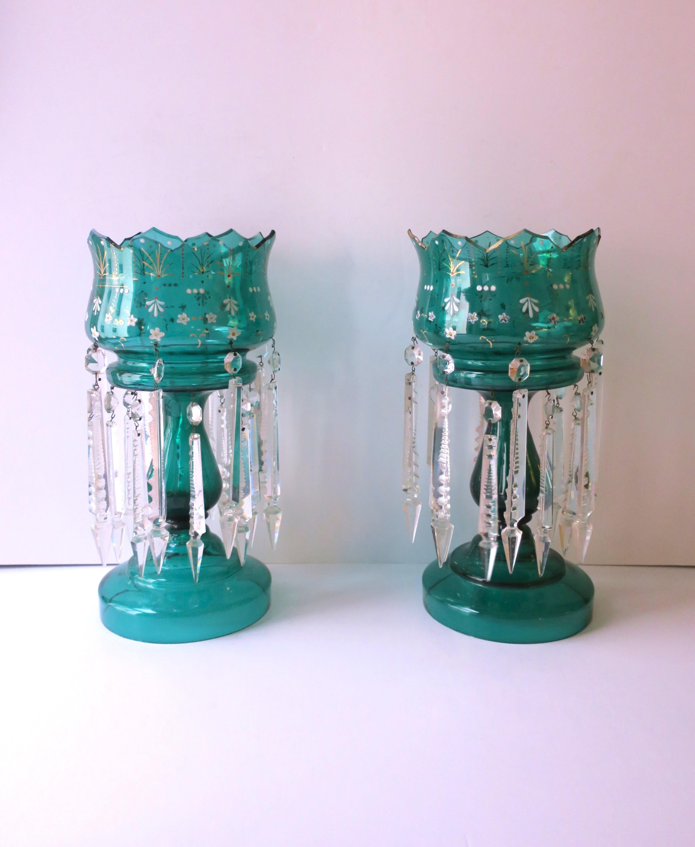Hand-Painted Emerald Green Bohemian Glass and Crystal Lusters Pair, circa 19th c For Sale