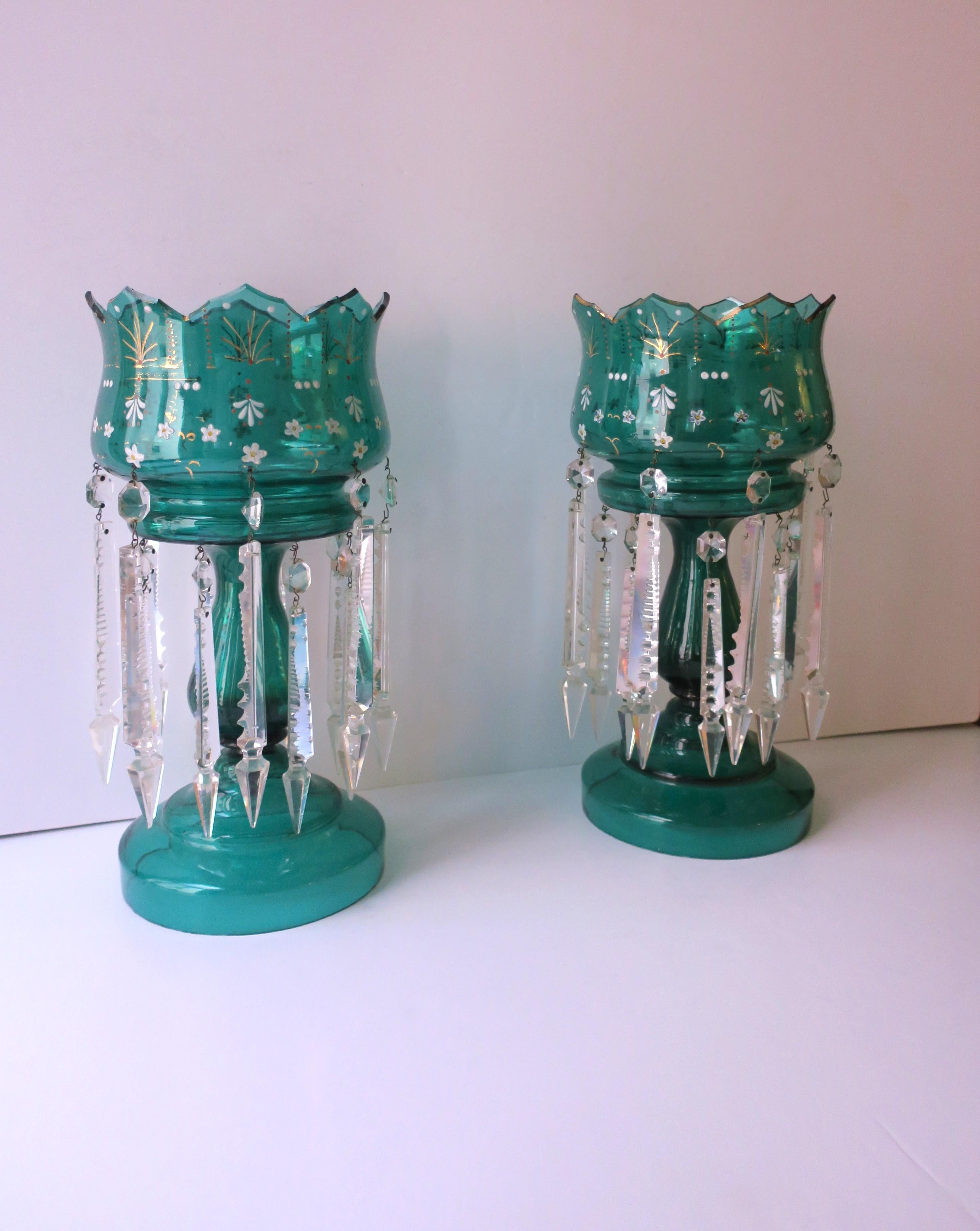 Late 19th Century Emerald Green Bohemian Glass and Crystal Lusters Pair, circa 19th c For Sale