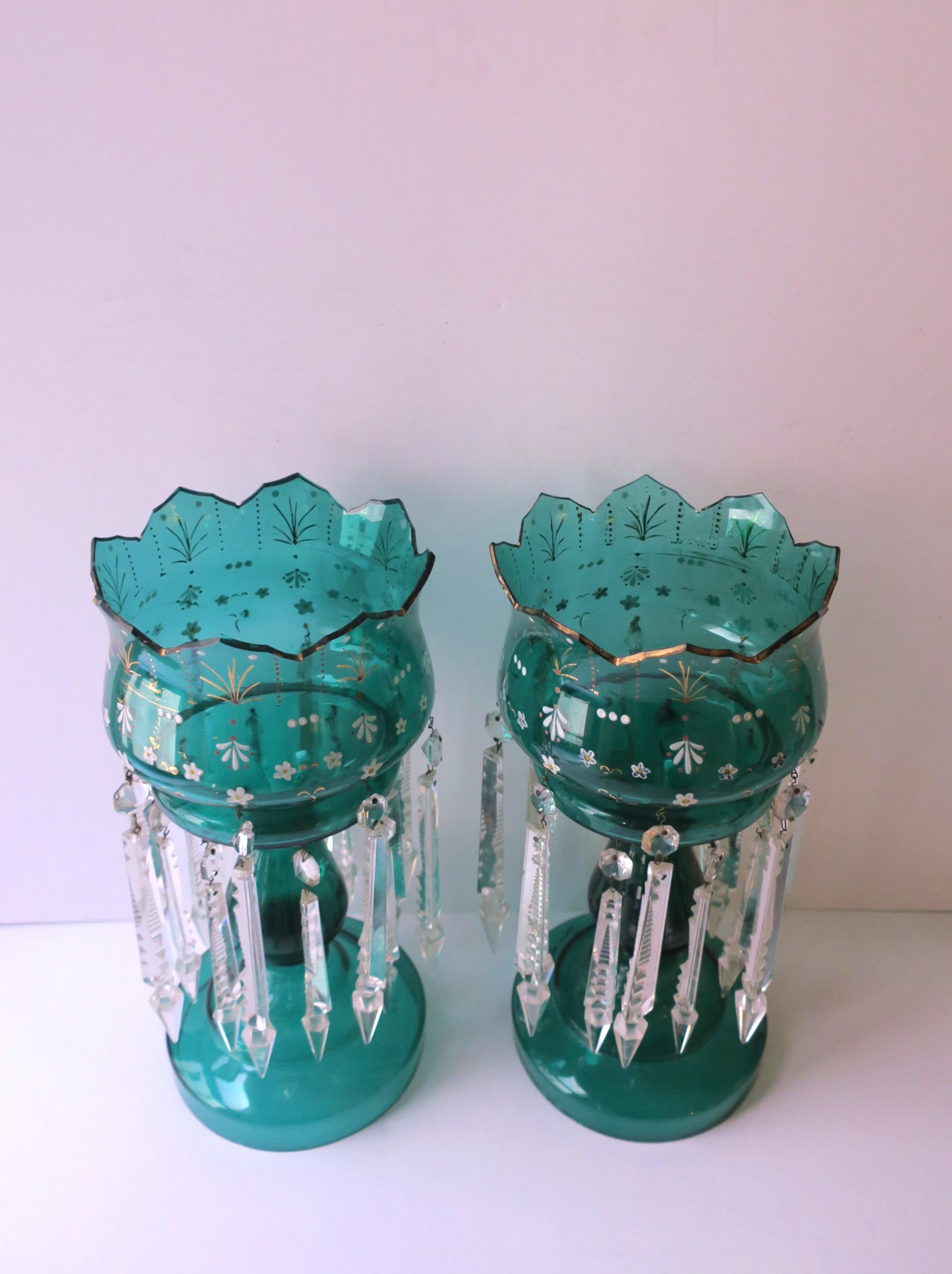 Emerald Green Bohemian Glass and Crystal Lusters Pair, circa 19th c For Sale 1
