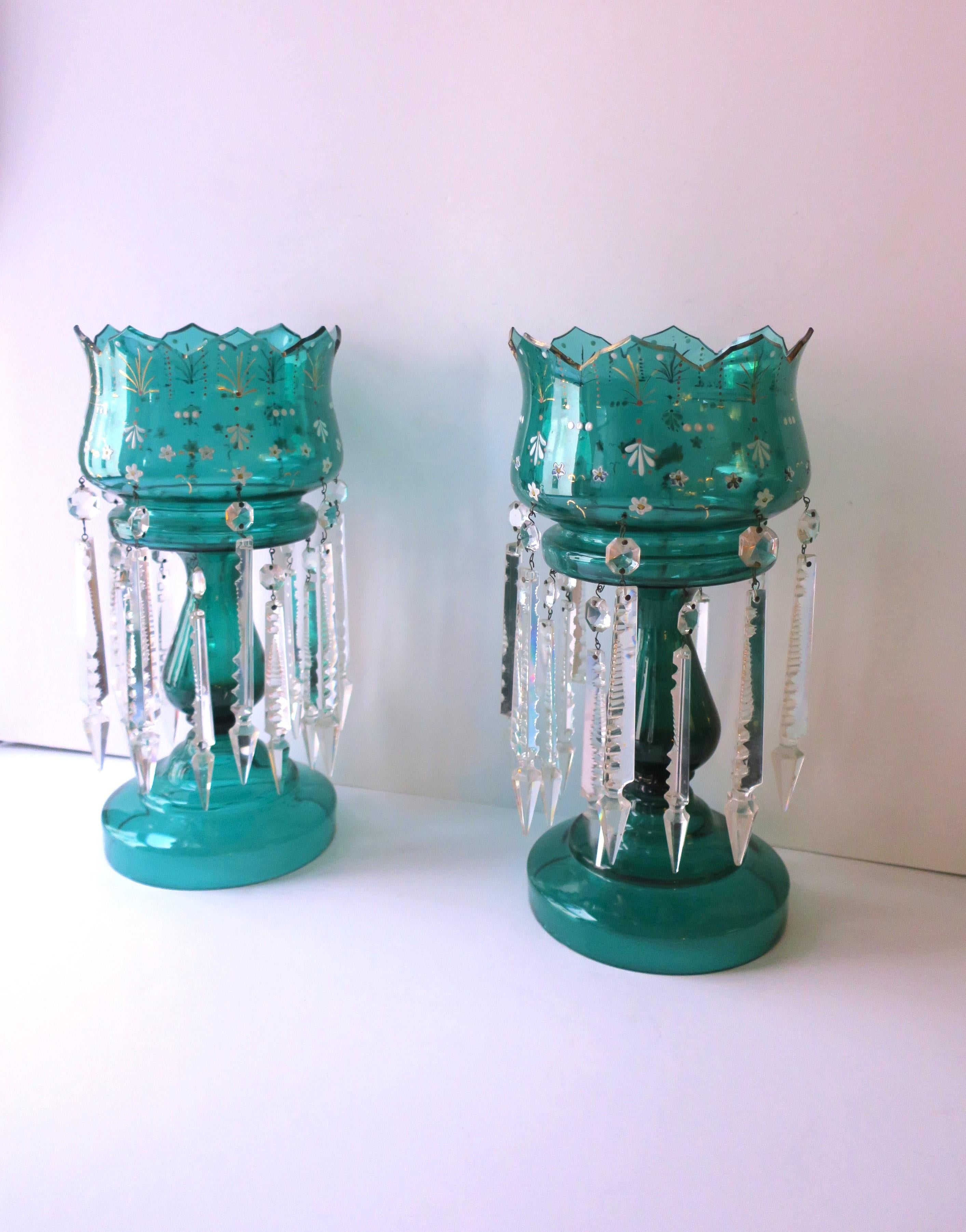 Emerald Green Bohemian Glass and Crystal Lusters Pair, circa 19th c For Sale 2