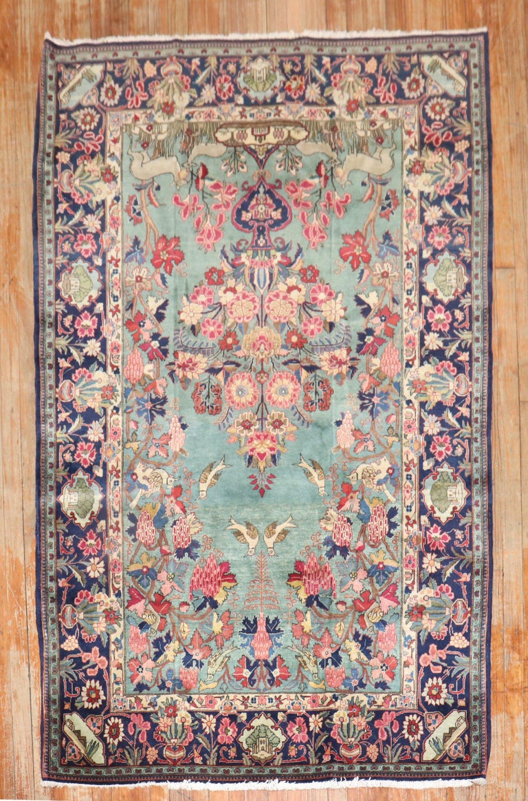 Emerald Green Botanical Antique Persian Kashan Rug For Sale at 1stDibs