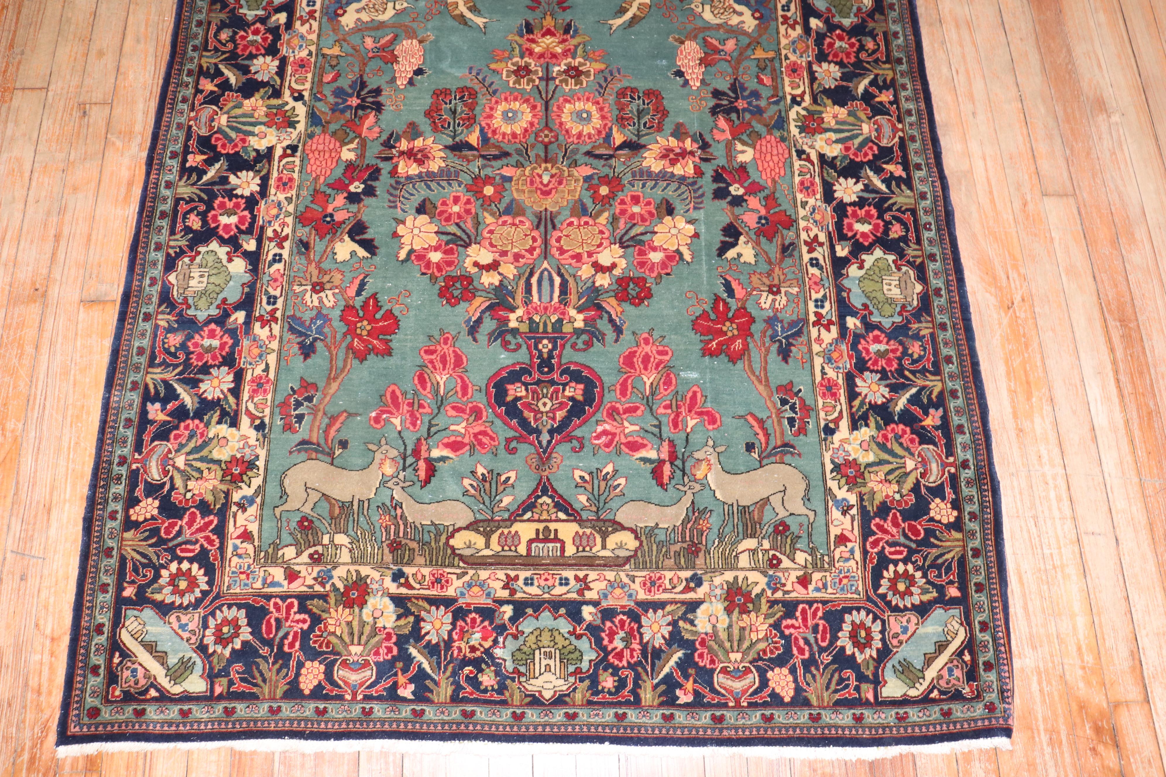 20th Century Emerald Green  Botanical Antique Persian Kashan Rug For Sale
