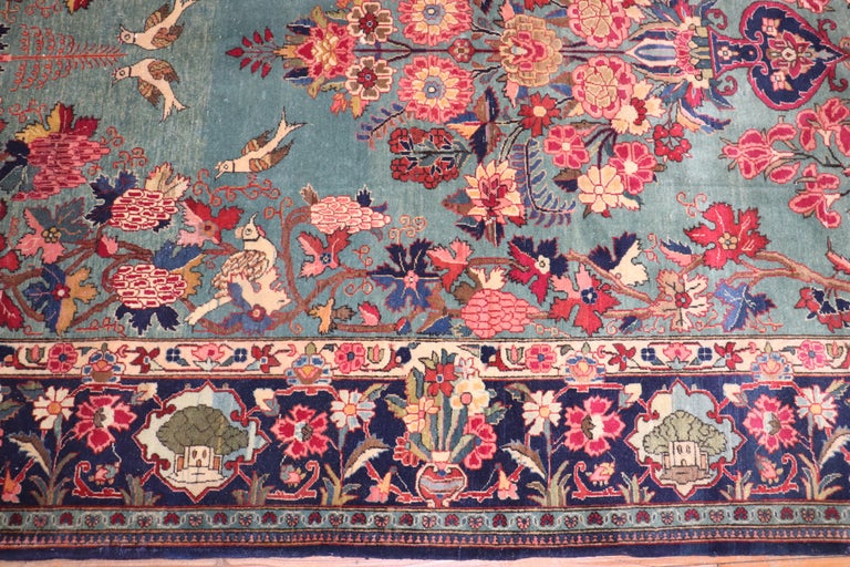 Emerald Green Botanical Antique Persian Kashan Rug For Sale at 1stDibs
