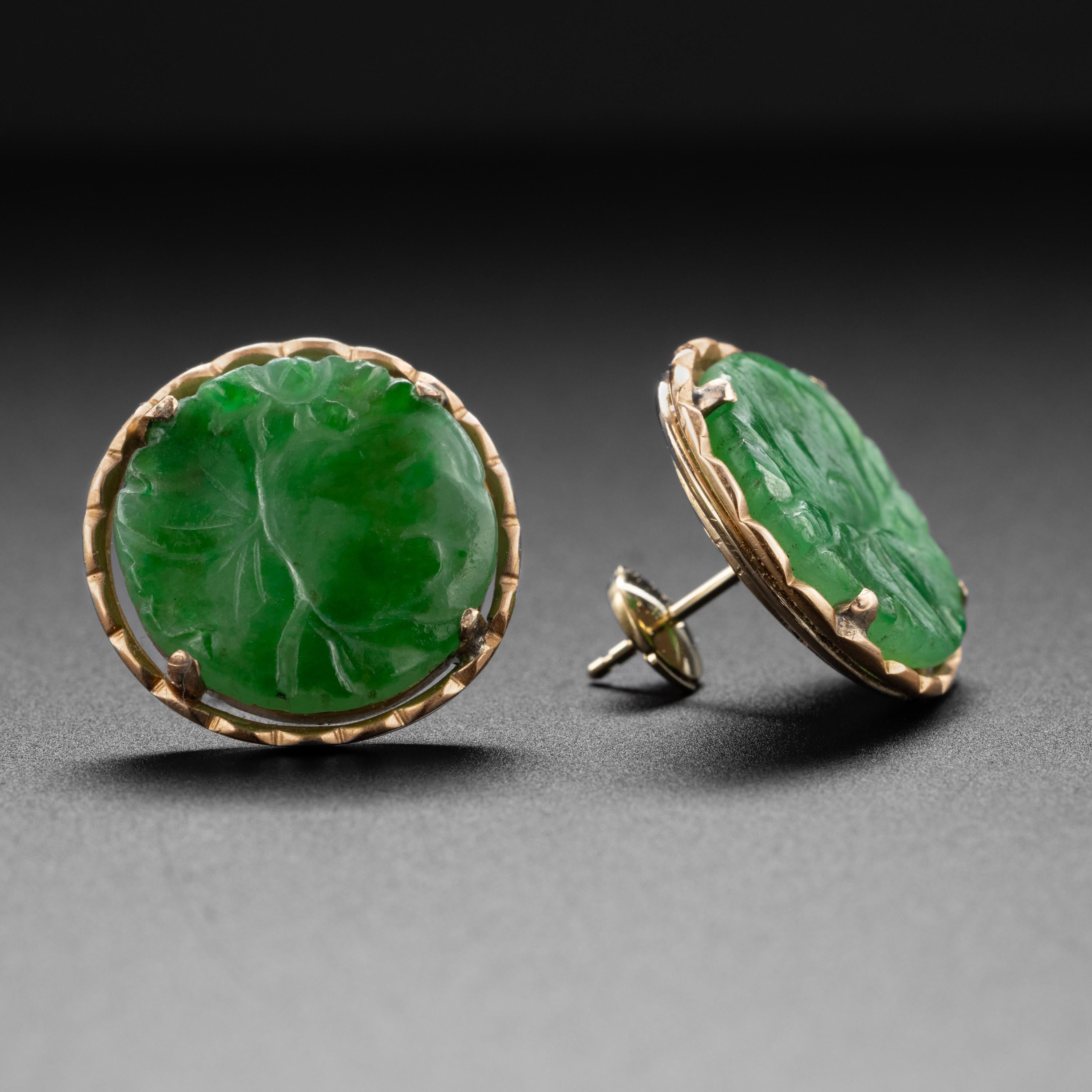 They began life in the middle of the previous century as a pair of men's cufflinks. But like so many of us, they have been reinvented and today they are a magnificent pair of earrings. Rich emerald green disks of hand-carved and polished jade in a