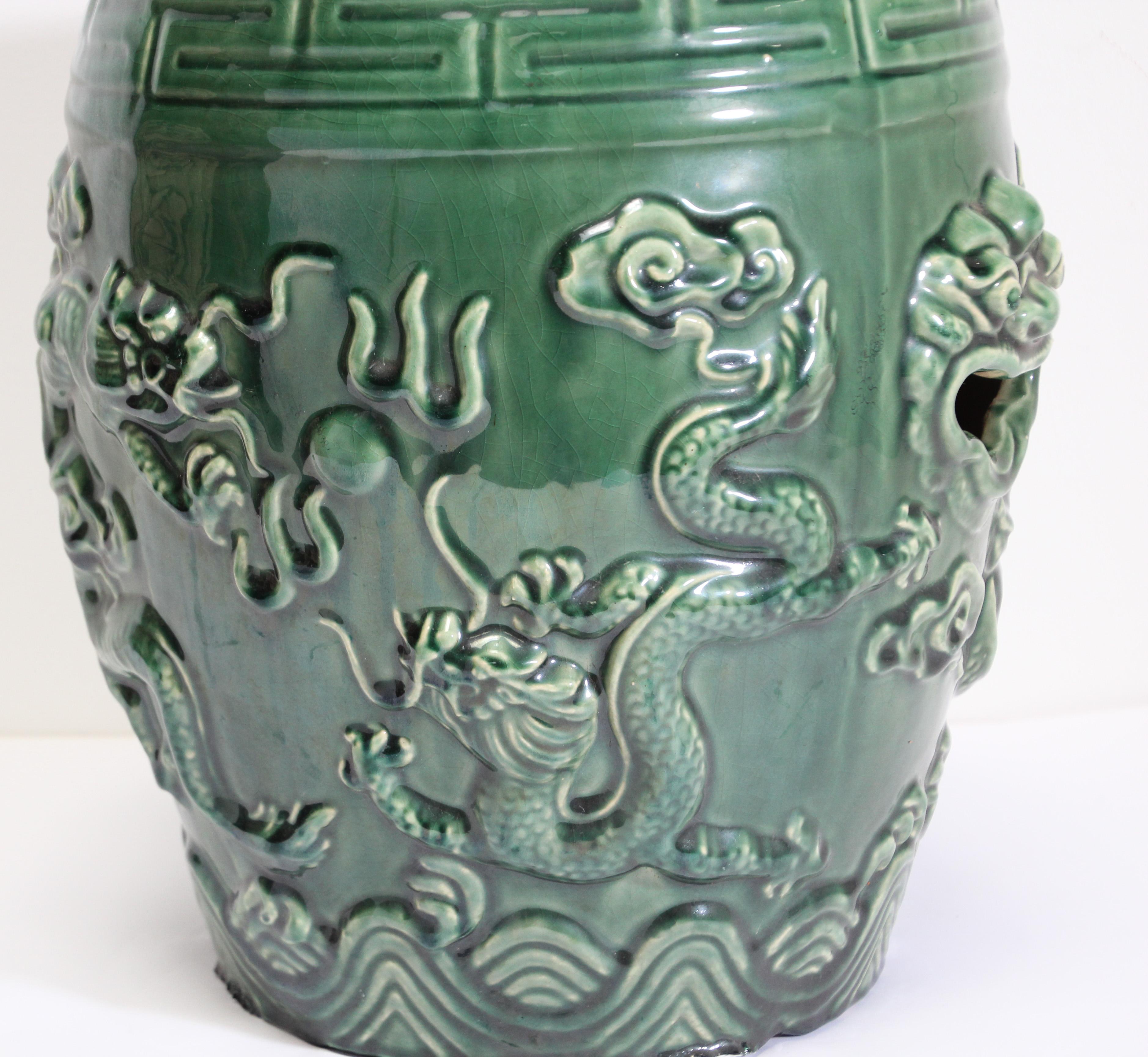 Emerald Green Chinese Ceramic Garden Stool with Dragons 3