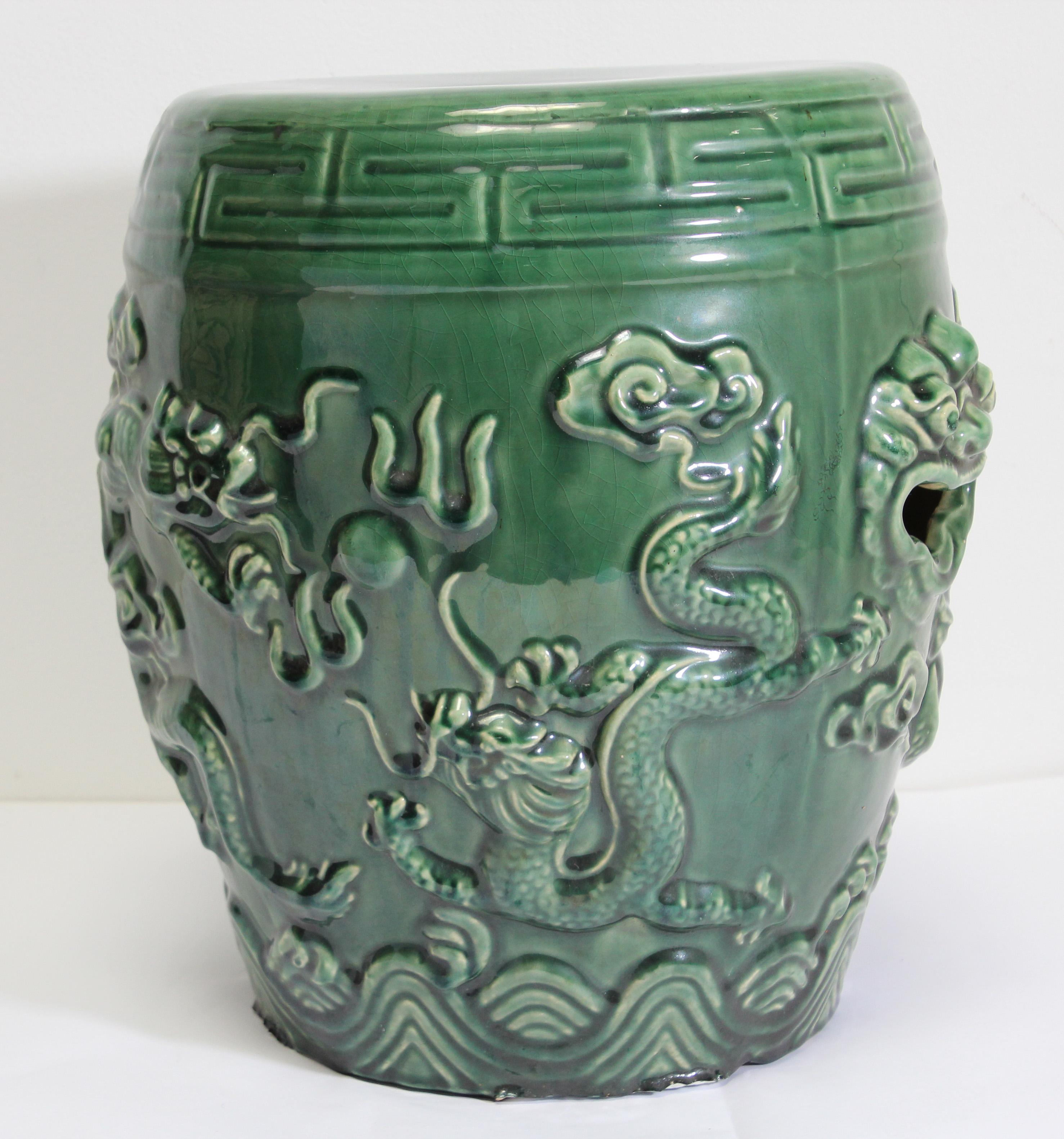 Emerald Green Chinese Ceramic Garden Stool with Dragons 4