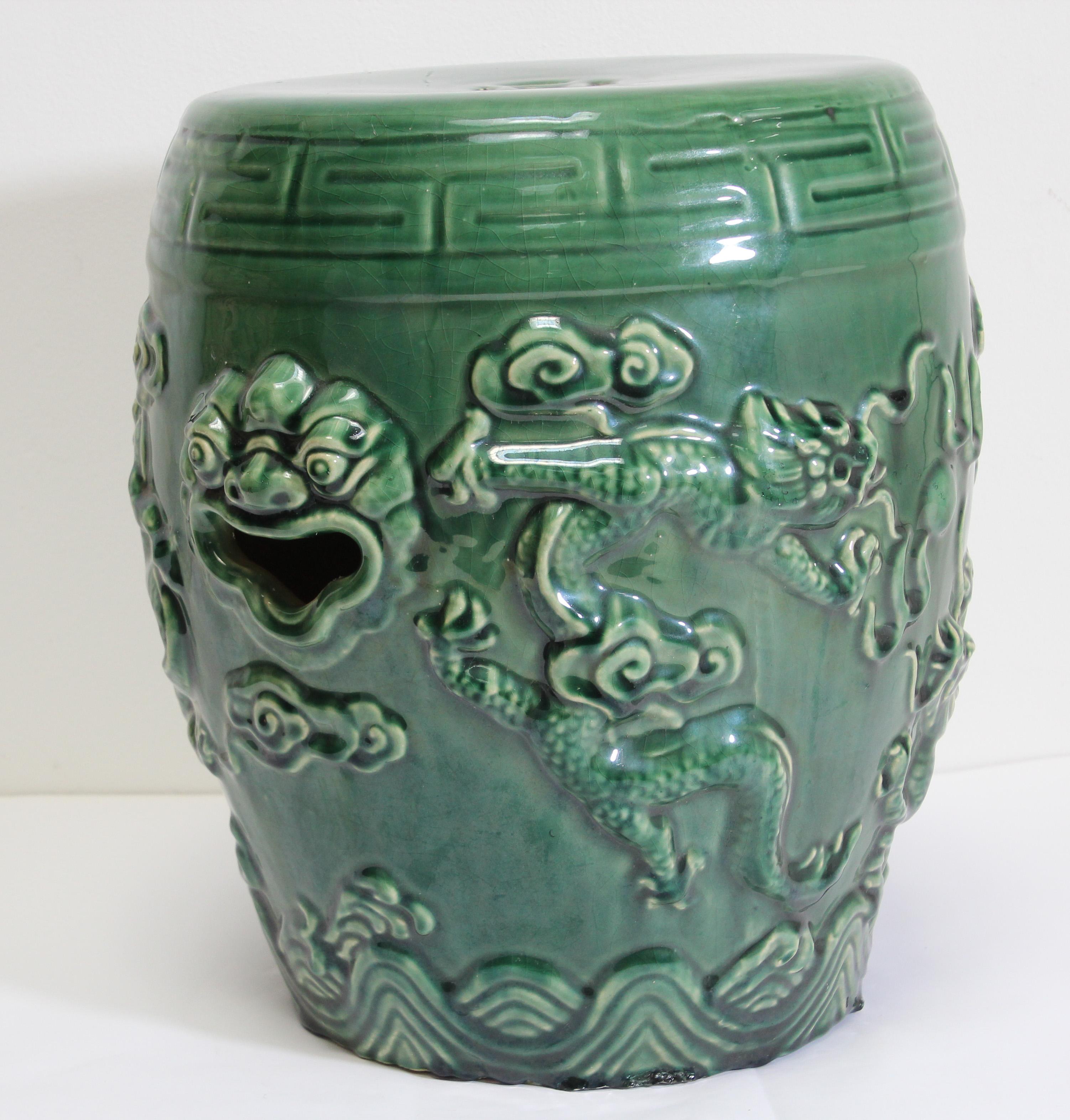 Emerald Green Chinese Ceramic Garden Stool with Dragons 5