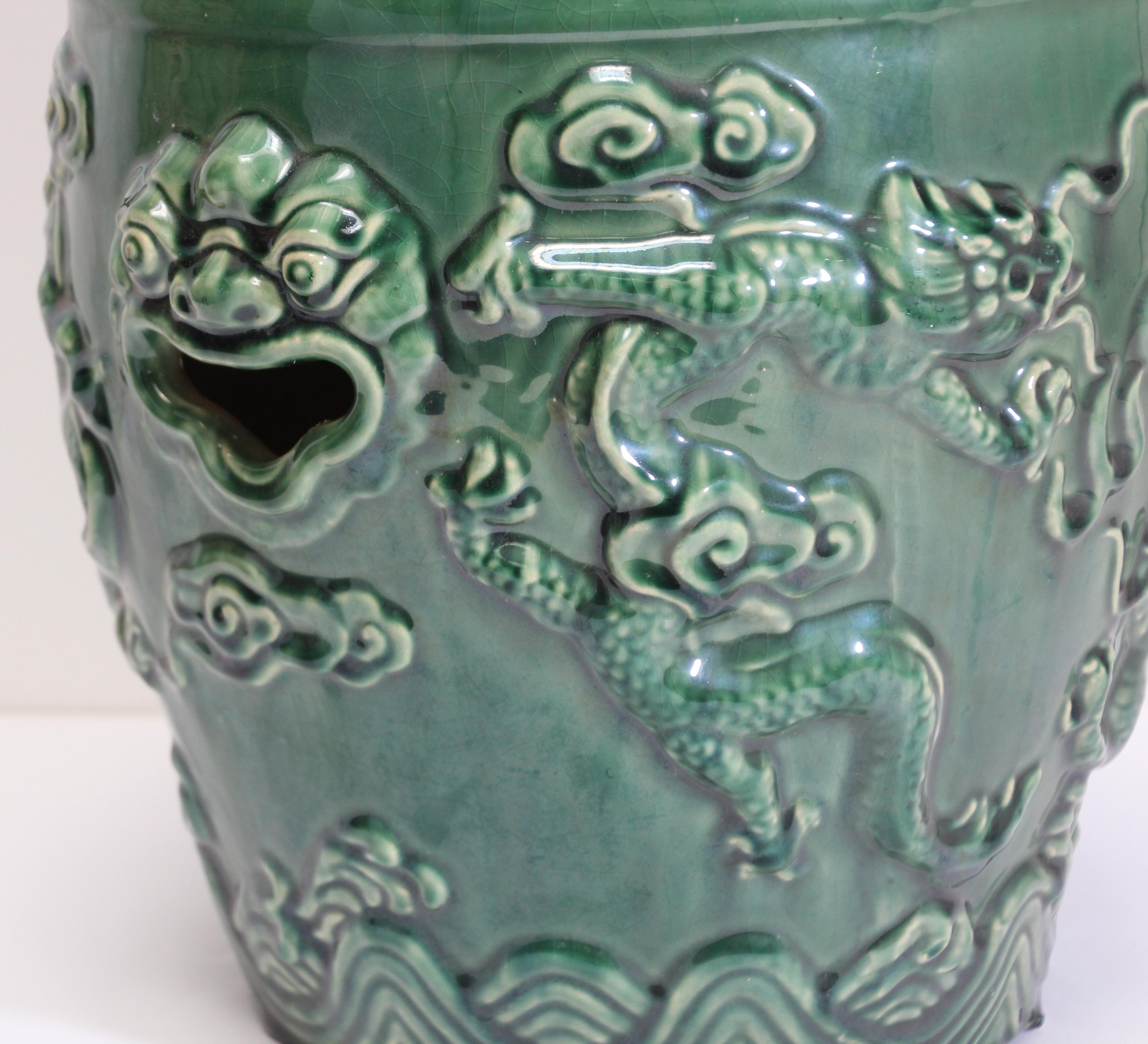 Emerald Green Chinese Ceramic Garden Stool with Dragons 6
