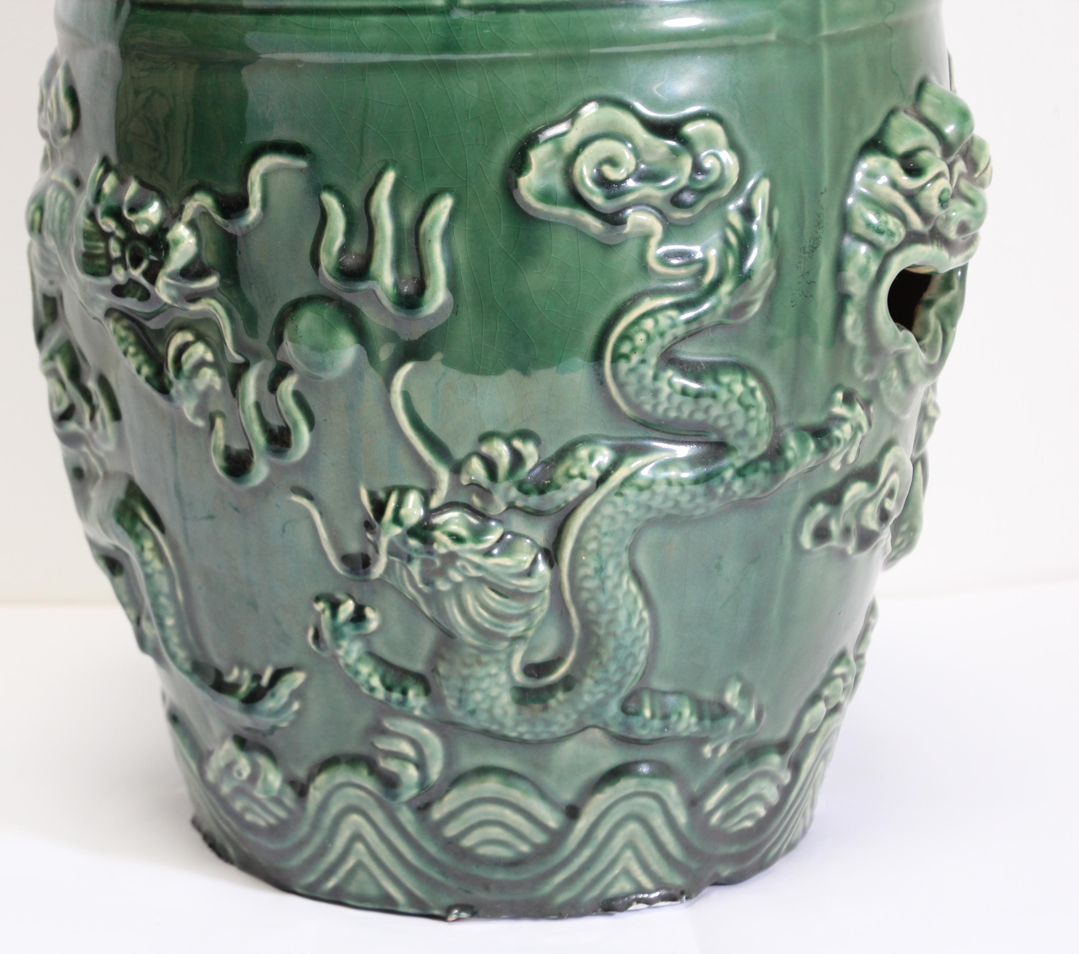Emerald Green Chinese Ceramic Garden Stool with Dragons 7