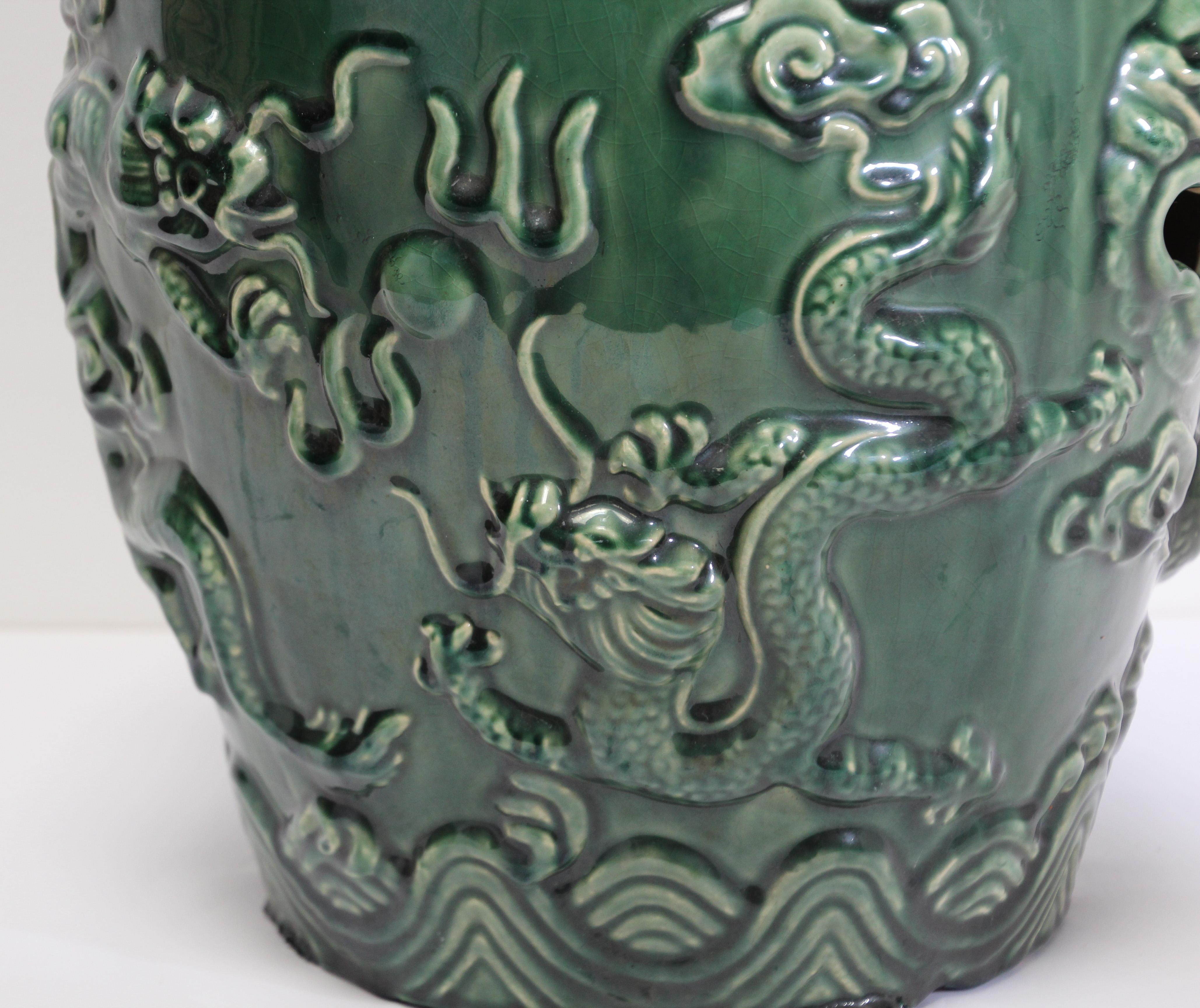Emerald Green Chinese Ceramic Garden Stool with Dragons 8