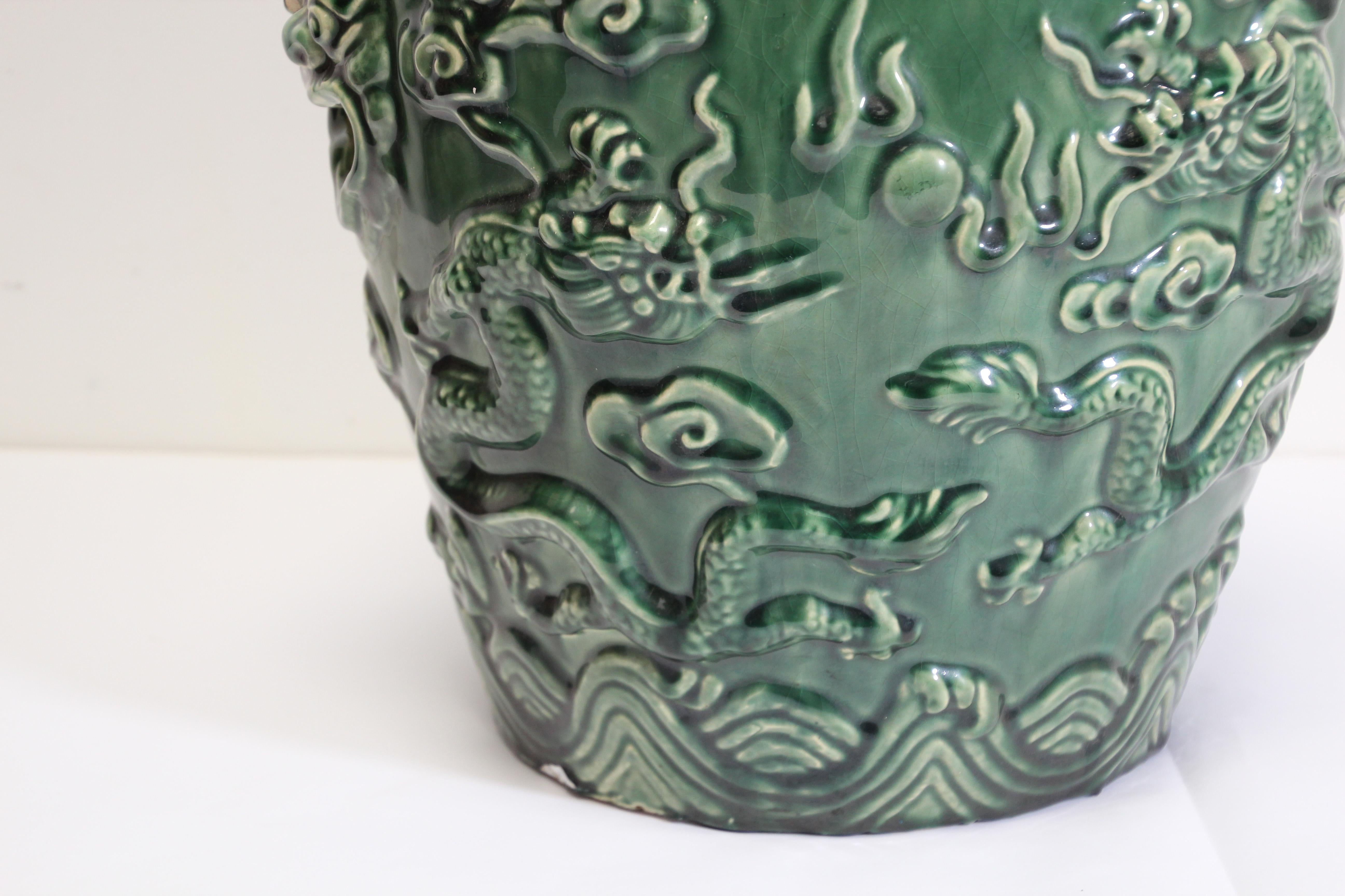 Chinese Export Emerald Green Chinese Ceramic Garden Stool with Dragons