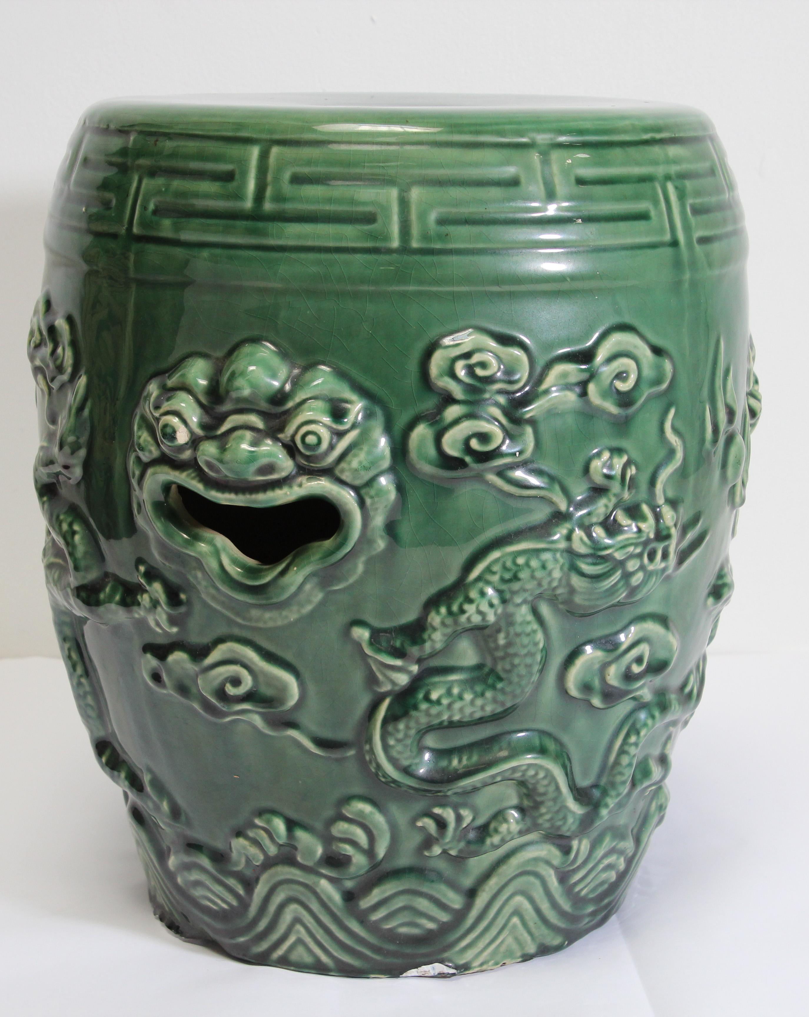 Hand-Crafted Emerald Green Chinese Ceramic Garden Stool with Dragons