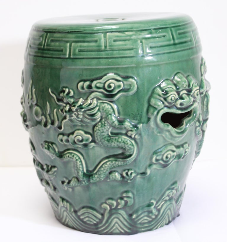 Emerald Green Chinese Ceramic Garden Stool with Dragons at 1stDibs
