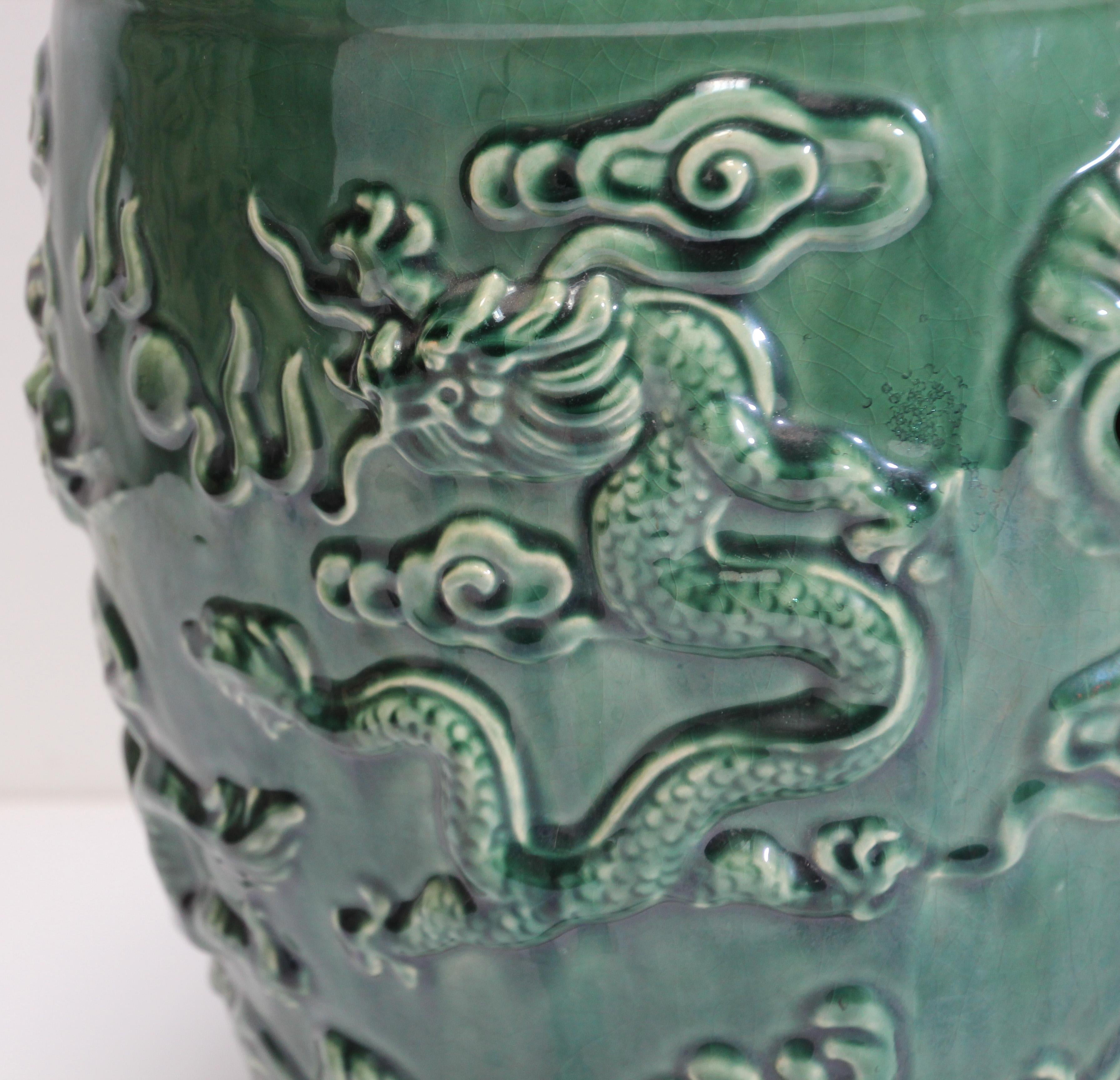 Emerald Green Chinese Ceramic Garden Stool with Dragons 2
