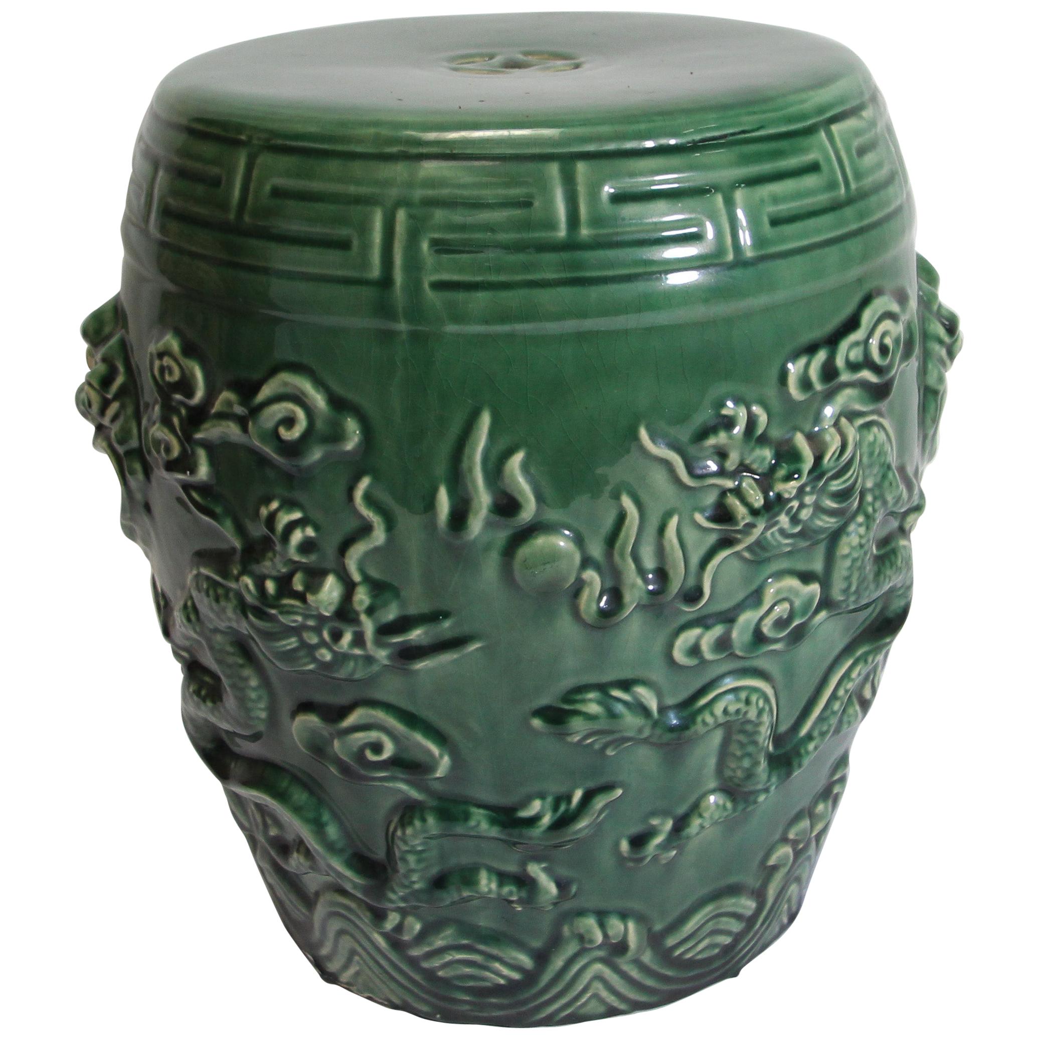 Emerald Green Chinese Ceramic Garden Stool with Dragons