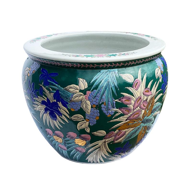 Chinoiserie Emerald Green Chinese Fish Bowl Garden Planter in Floral Botanical Motif
