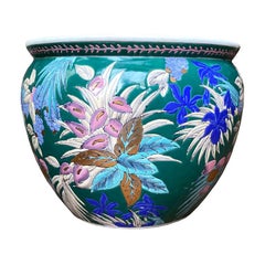 Emerald Green Chinese Fish Bowl Garden Planter in Floral Botanical Motif