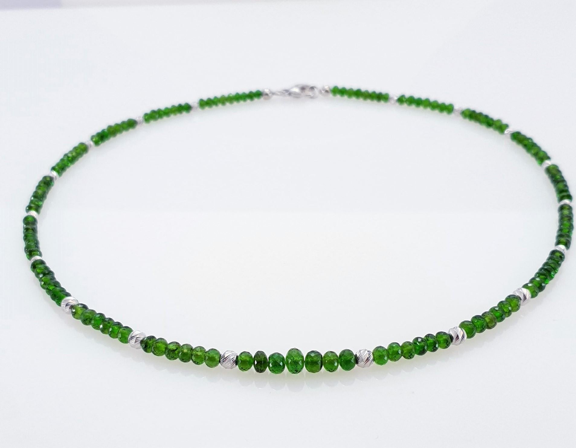 Arts and Crafts Emerald Green Chromium Diopside Rondel Beaded Necklace with 18 Carat white Gold For Sale