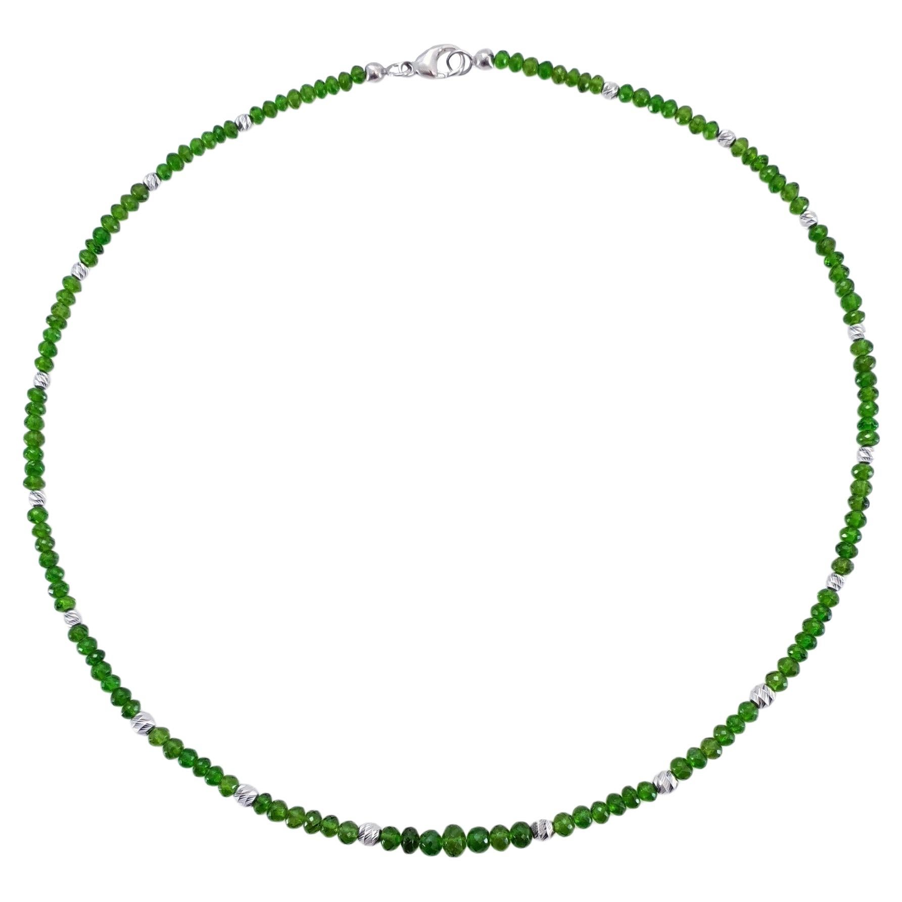 Emerald Green Chromium Diopside Rondel Beaded Necklace with 18 Carat white Gold