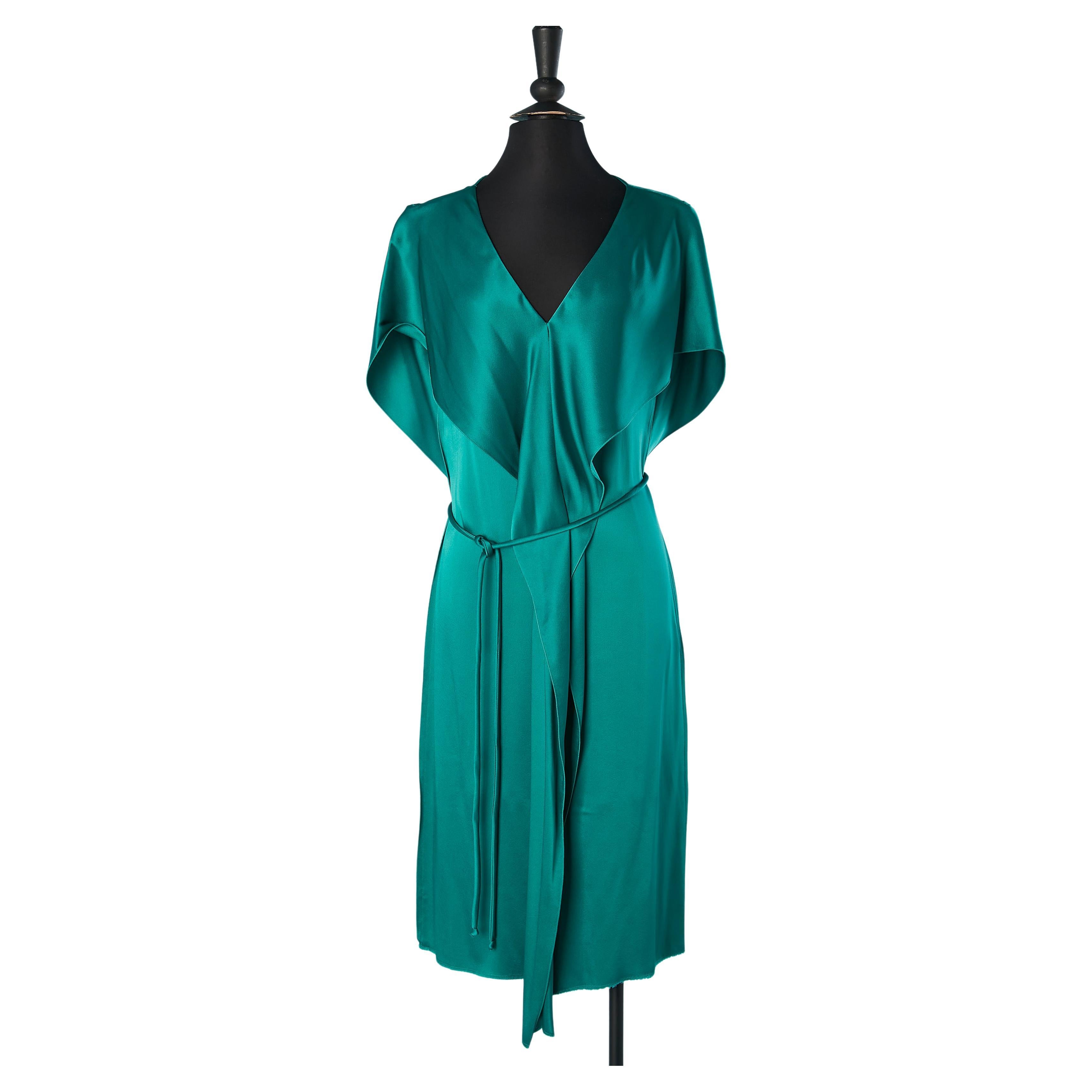 Emerald green cocktail dress with ruffles and belt Lanvin by Alber Elbaz FW 2013