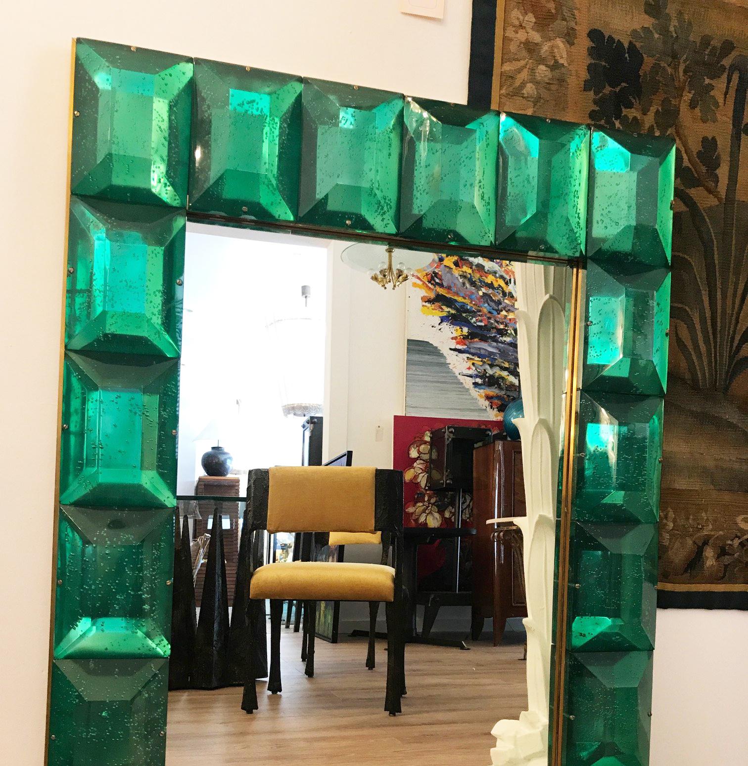 Mid-Century Modern Large Emerald Green Diamond Murano Glass Mirror, In Stock