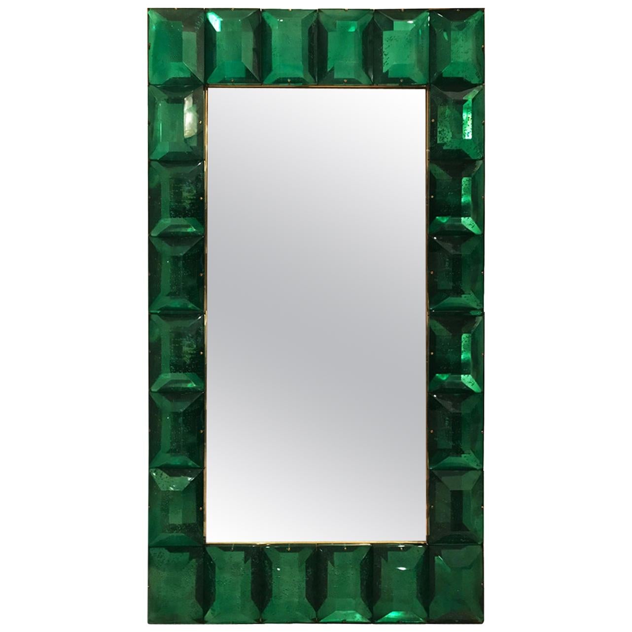 Large Emerald Green Diamond Murano Glass Mirror, In Stock