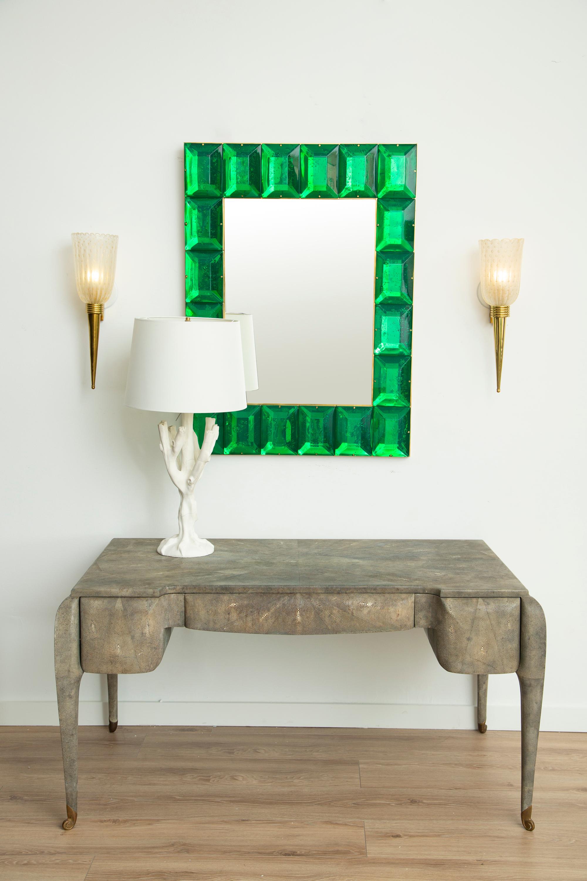 Mid-Century Modern Rectangular Emerald Green Diamond Murano Glass Mirror, in Stock For Sale
