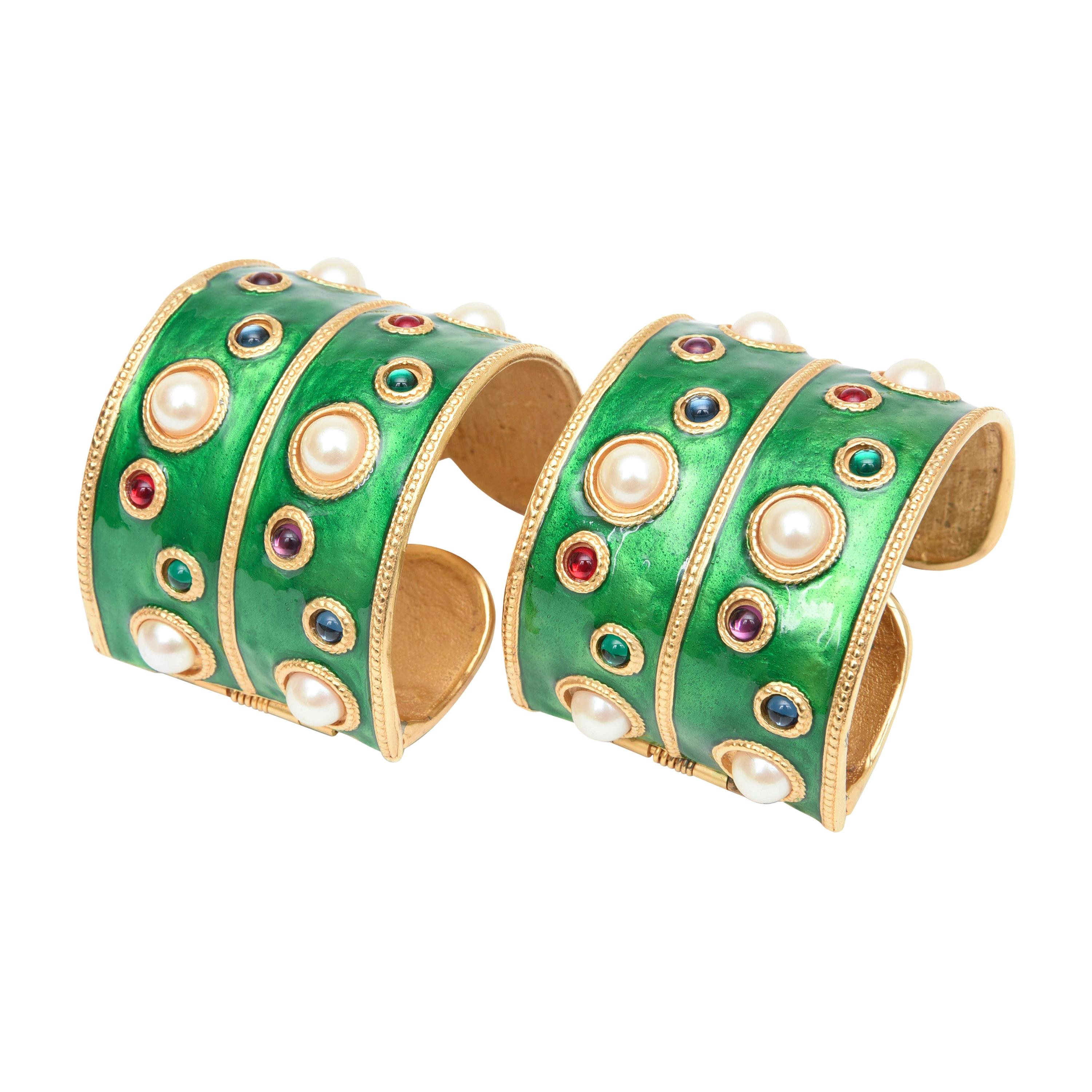  Emerald Green Enamel, Faux Pearls & Multi Colored Stones Cuff Bracelets Pair Of