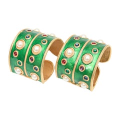 Emerald Green Enamel, Faux Pearls & Multi Colored Stones Cuff Bracelets Pair Of