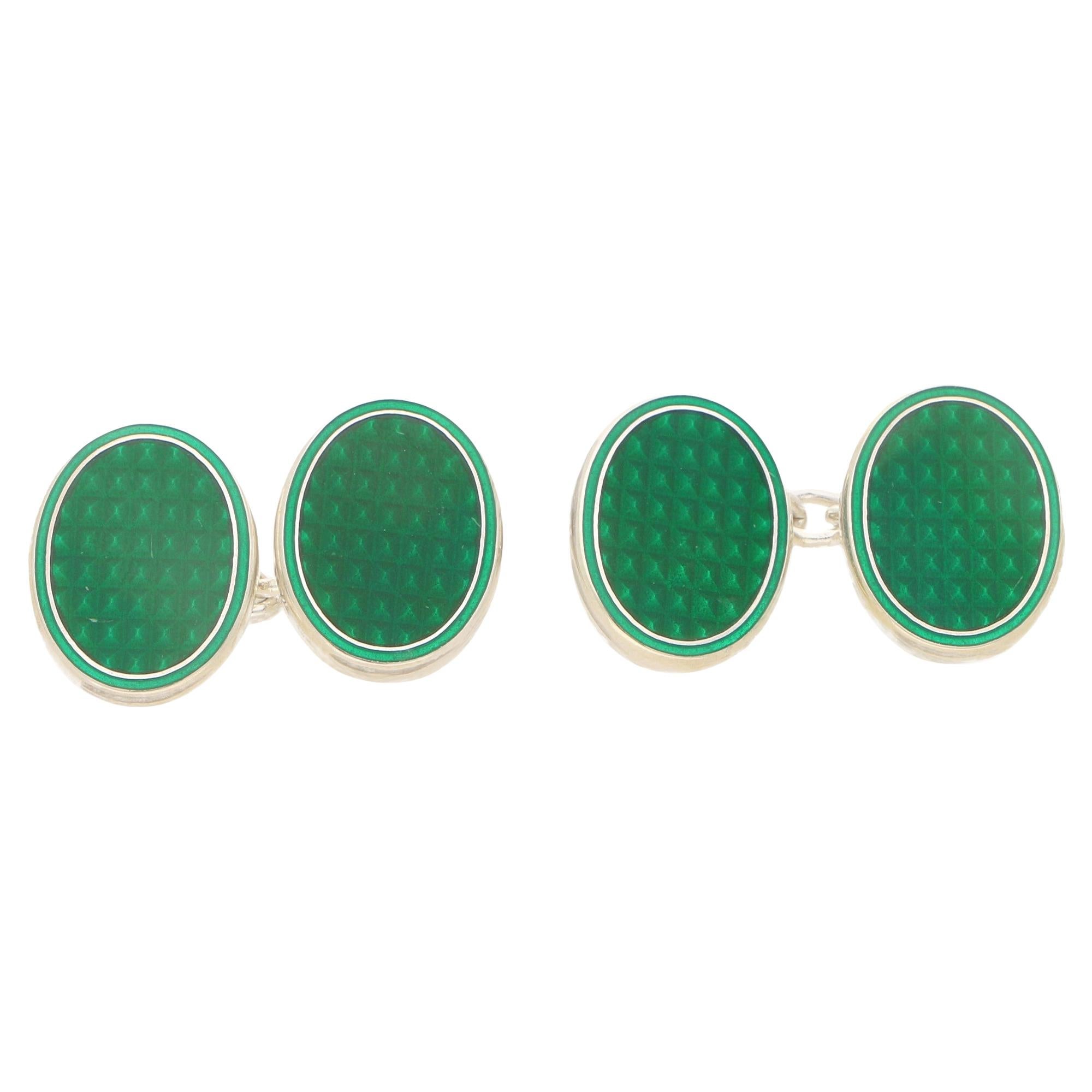 Emerald Green Enamel Reflective Oval Chain Cufflinks Set in Sterling Silver